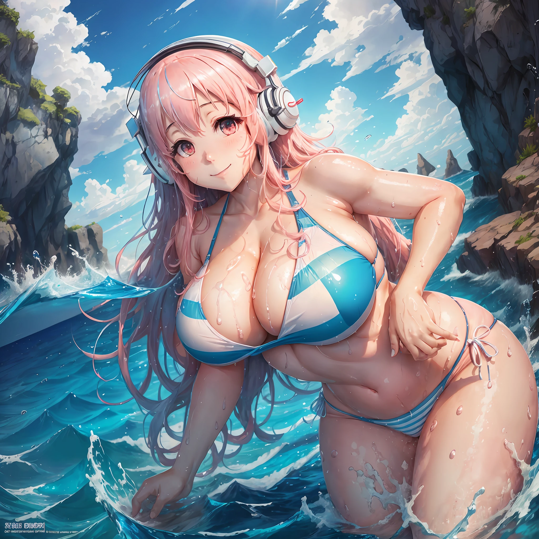 High definition, realistic, realistic blue sky, realistic sea, super_sonico, alone, big, big ass, plump thighs, bikini with light blue and white horizontal stripes, wet skin, wet crotch, smile, woman in her 30s, droopy eyes, big red eyes, light pink hair, white skin, dazzling sunlight, open legs pose, wet crotch --auto --s2