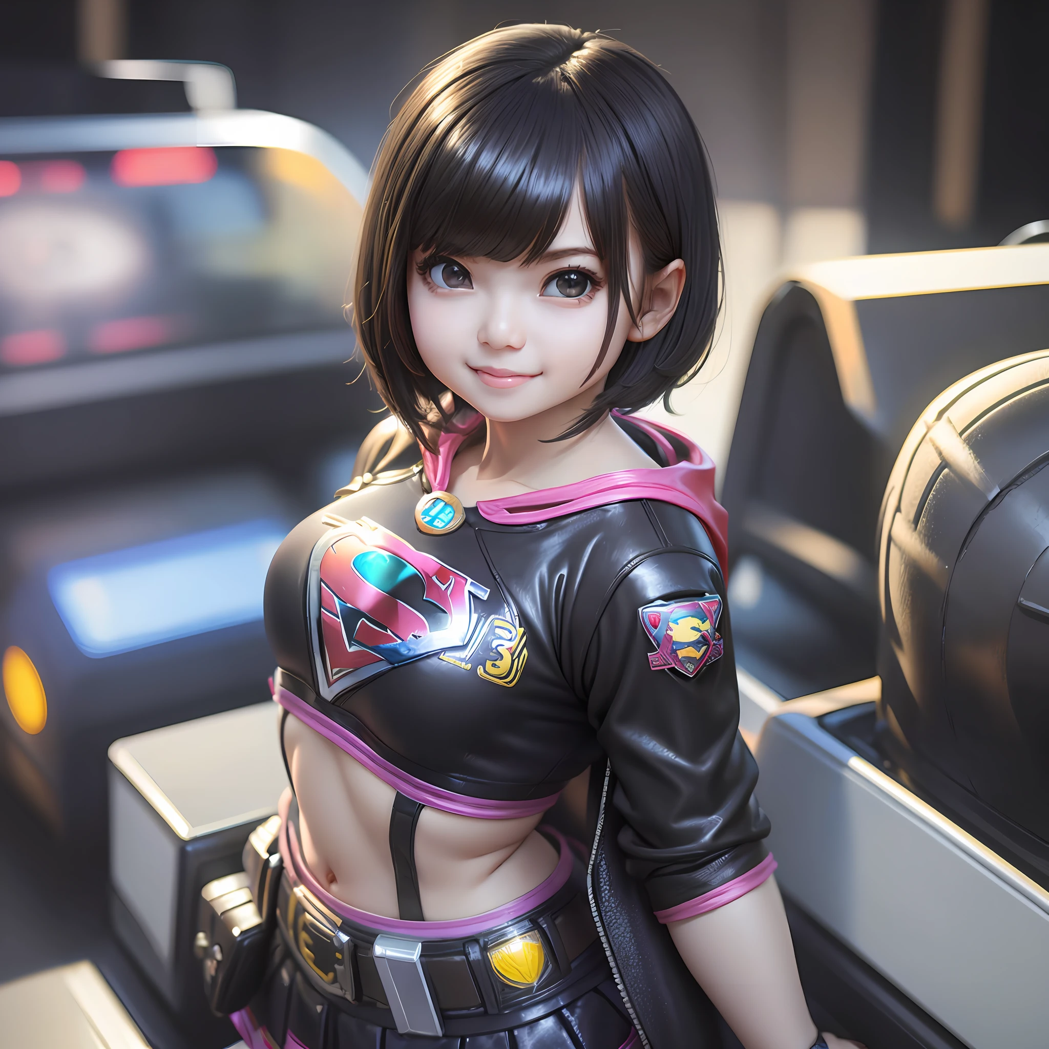 baby chibi supergirl character, realistic 3d short hair, black hair, long straight hair, happy face, shiny black eyes, full body she with ice cream cyberpunk style --auto --s2