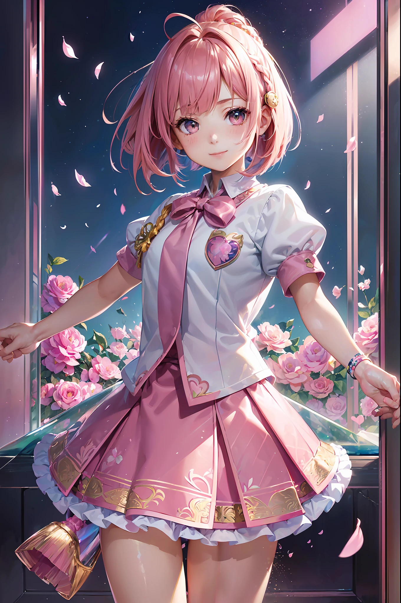 High resolution, ultra-detailed, ((((2D))), Japan person, 1 girl, 16-year-old high school girl, (((pink hair)), intricate and beautiful braided hairstyle, pink school uniform, uniform by designer, short sleeves, pink skirt, ((((bob hair)))), dull bangs, finely detailed eyes, golden ratio face, 8 lifesels, sunlight, complex iridescent light grains, complex light reflection, beautiful petal shower, Background blue sky, transparency, hidden beauty, smile, depiction with depth, full body, full of energy, looking at the viewer, fantastic depiction, complex attraction, tenderness overflowing from within, neon, (beautiful fine petals or dancing: 1.4), skin less exposed, dynamism, (carefully drawn hands, fingers: 1.3), many flowers drawn, soft skin, heart ribbon, ( Maximalism:1.3)