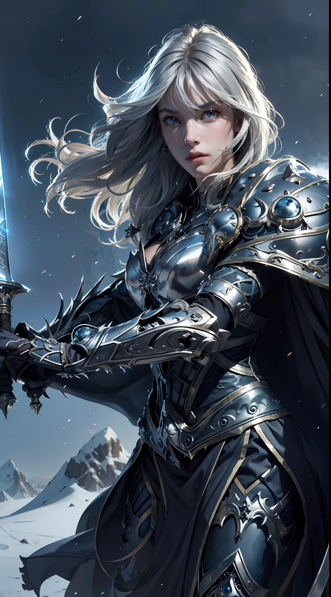 8k,ultra detailed, masterpiece, best quality, (extremely detailed), dynamic angle, Mysterious expression, wind effect, fantasy background, rim lighting, cinematic light, ultra high res, 8k uhd, film grain,best shadow, delicate, RAW, light particles, detailed skin texture, detailed armor texture, detailed face, intricate details, ultra detailed, bright, strong, silver armor, (holding sword), slashing, slash action, pauldrons, glowing eyes, long cape, fantasy, (realistic), shoulder armor, complex, intricate, perfect lighting, looking at viewer, cinematic lighting, flying in sky,flying, holy light, vivid, bangs, windy, frozen mountains, long white wavy hair