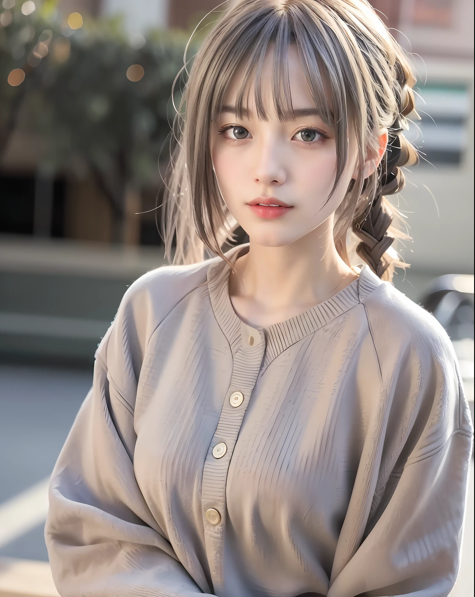 Full body, gray hair, (Dragoon: 1.2), Brant Bang, masterpiece, top quality, official art, very elaborate CG Unity 8K wallpaper, for girls, ultra high resolution, (photorealistic: 1.4), golden hour lighting, sweater dress, (upper body), (platinum shorthair: 0.8), (puffy eyes), looking at the viewer, frontal, smile, medium breasts, shirt lift, Gloves, shorthair