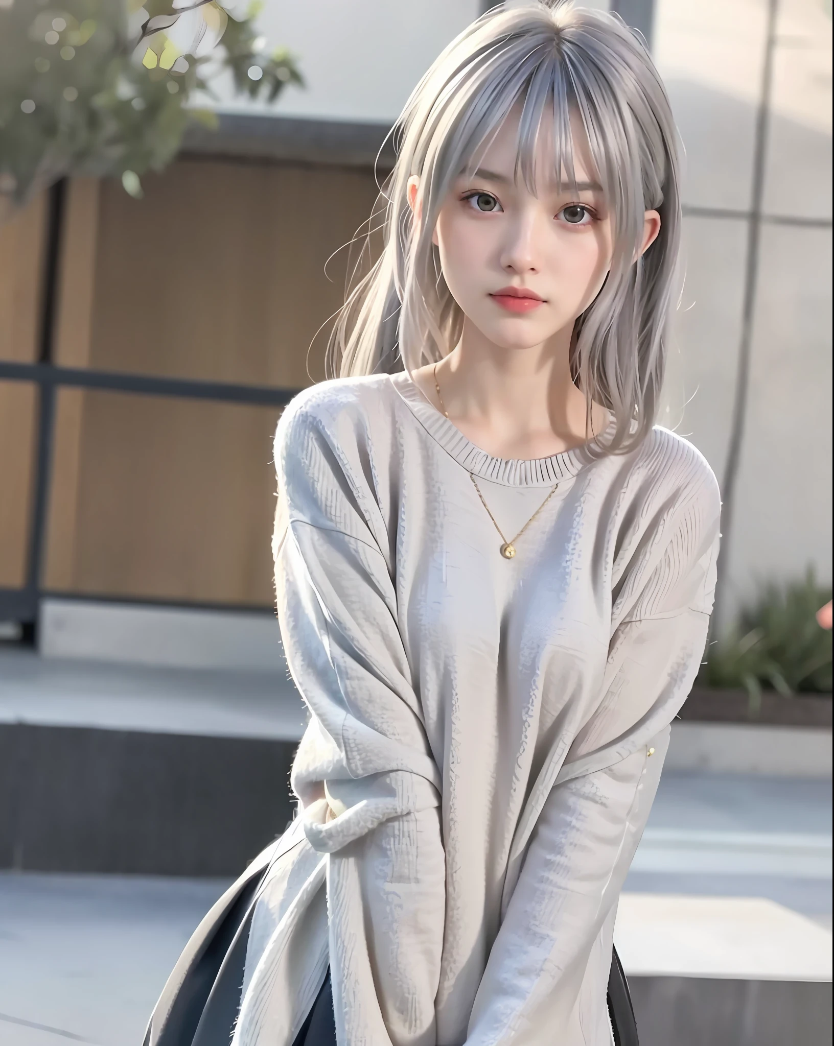 Full body, gray hair, (Dragoon: 1.2), Brant Bang, masterpiece, top quality, official art, very elaborate CG Unity 8K wallpaper, for girls, ultra high resolution, (photorealistic: 1.4), golden hour lighting, sweater dress, (upper body), (platinum shorthair: 0.8), (puffy eyes), looking at the viewer, frontal, smile, medium breasts, shirt lift, Gloves, shorthair