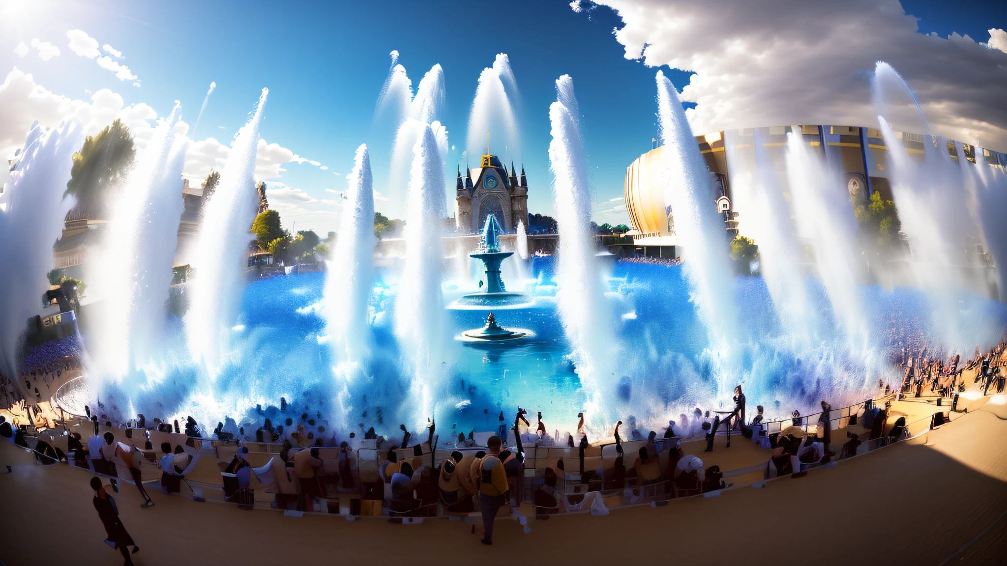 araffe fountain with water spraying in front of a crowd of people, epic wide shot, ultra wide shot, ultra very long shot, absolutely outstanding image, tomorrowland, epic wide angle, very very wide shot, ultra wide angle shot, extreme wide shot, in front of a large crowd, very epic atmosphere, super wide shot, ultra wide-shot, very wide shot