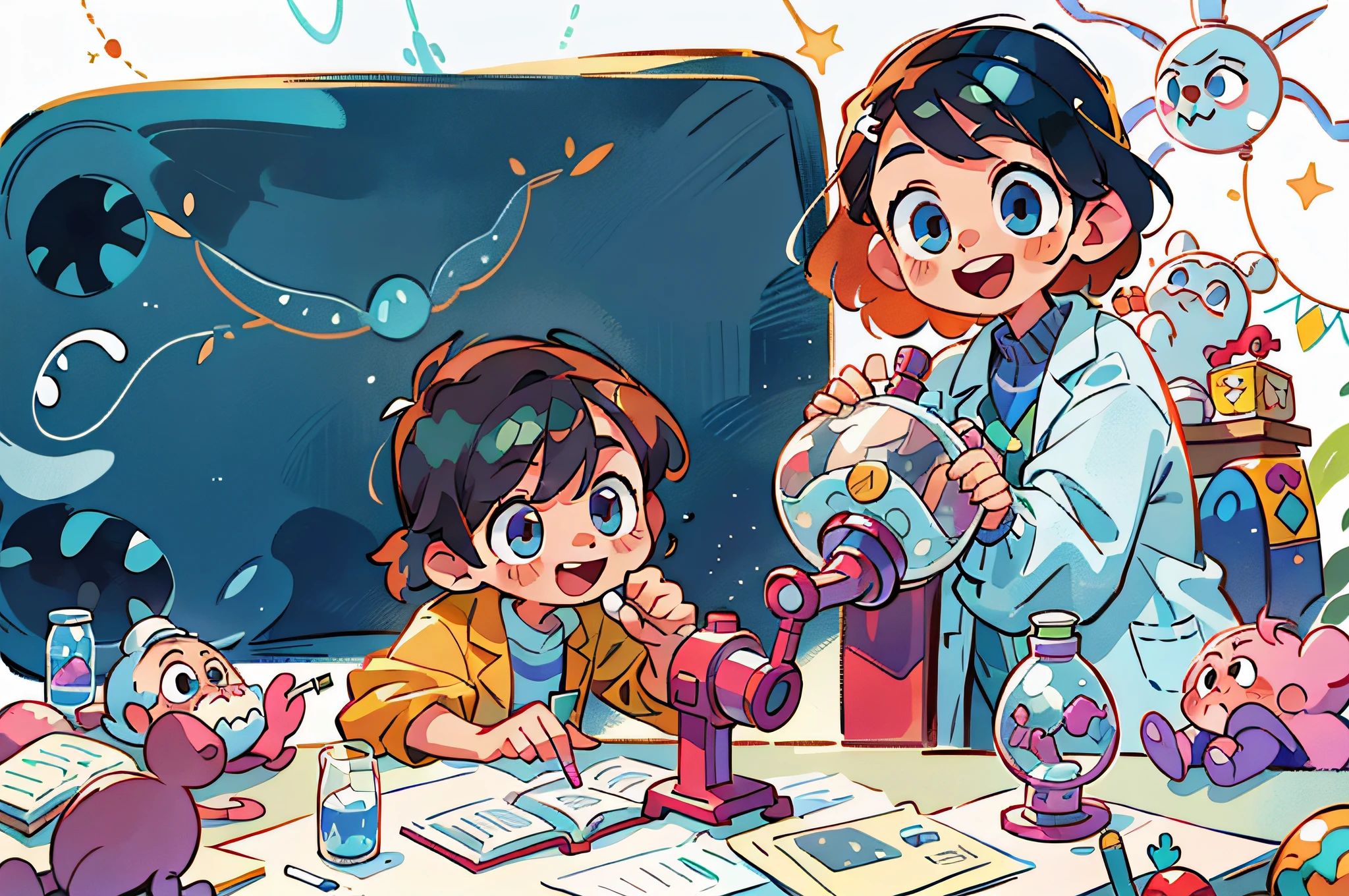 (two) cartoon image of child in lab coat happily looking at microscope, (looking at the audience), (eyes open), smiling, scientist, lab experiment, science lab, in laboratory, color children's book illustration, magic lab background, children's book illustration, working in her science lab, in lab, children's cartoon, in lab, secret lab, scientific research, happy, happy, perfect quality, clear focus (clutter-home: 0.8), (masterpiece: 1.2) (Realistic: 1.2) (Bokeh) (Best Quality) (Detailed Skin: 1.3) (Complex Details) (8K) (Detail Eyes) (Sharp Focus), (Happy)