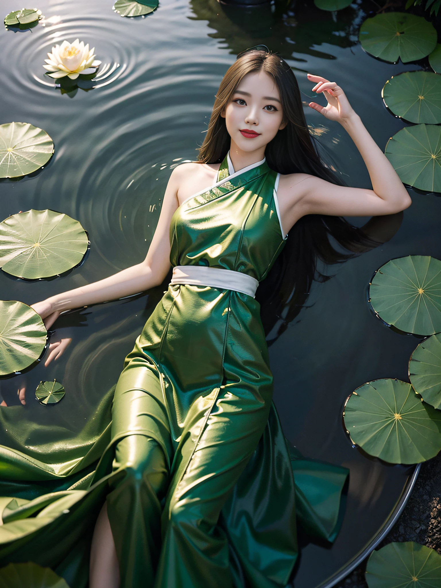 (1girl:1.5),(light smile:1.3),(green dress),(lotus pond),(lily pads),(lotus flowers:1.3), (floating leaves),(wind), (lying), (transparent water:1.1),(moonlight:1.3),(peaceful atmosphere:1.4), (wide shot),(from above),(green theme:1.2), She lying in the center of the lotus pond, smile, smirk, glint, red lips, The girl wearing a beautiful Hanfu, perfectly matched with the surrounding scenery. The beautiful night, the moonlight reflected in the water, creating a calm atmosphere.