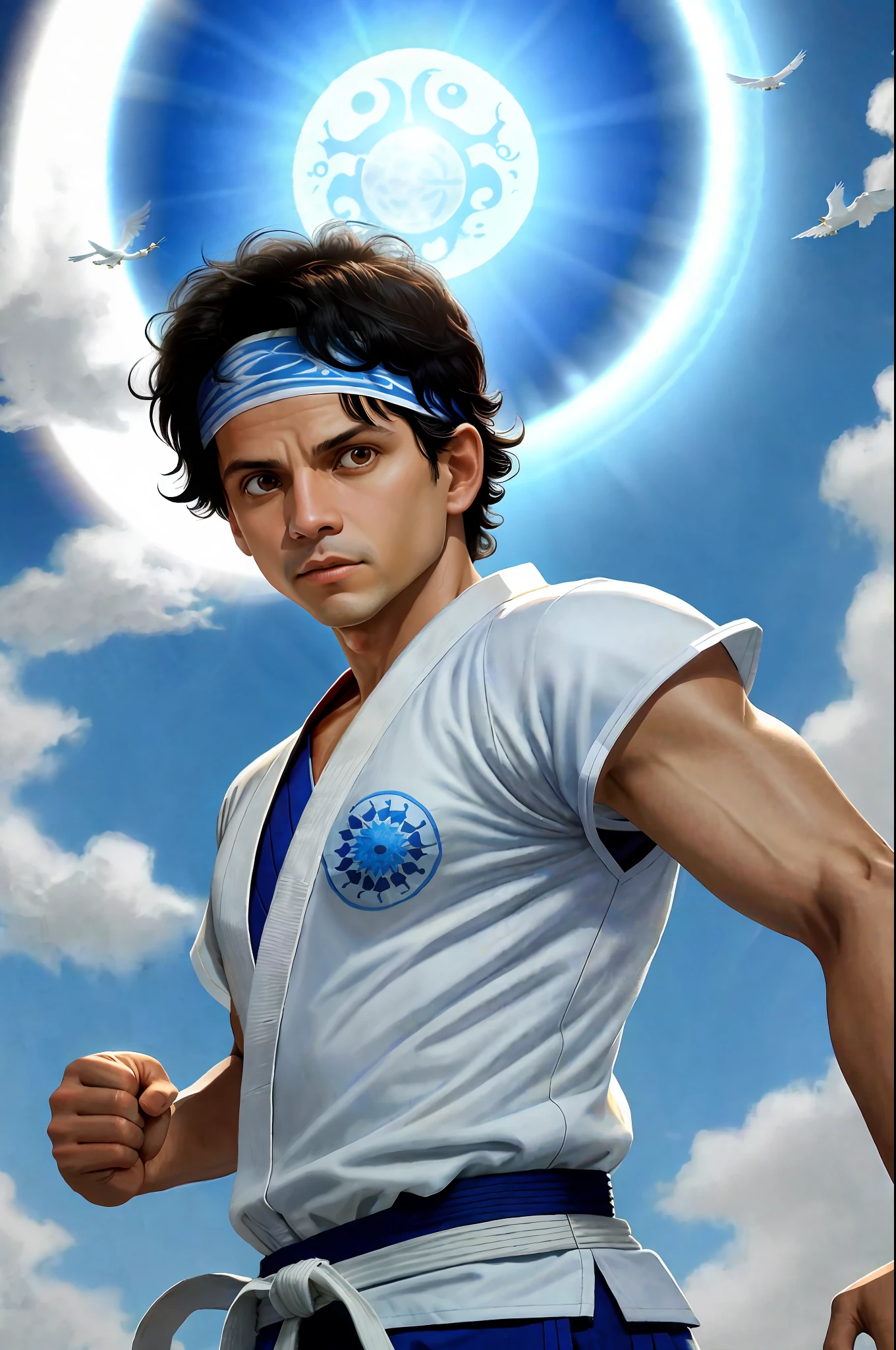 Ralph Macchio as Daniel Larusso wearing white karate Gi and headband with blue sun pattern on it, performing the crane kick in the karate tournament from the film The Karate ???