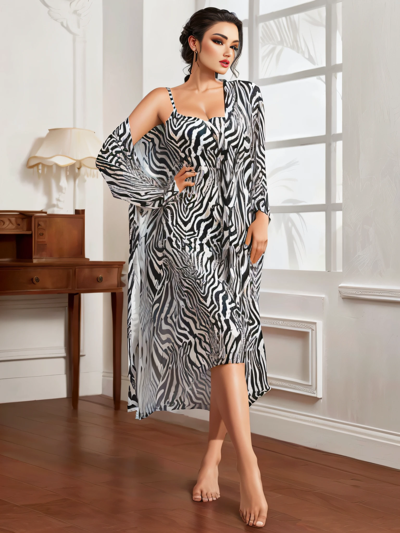 araffe woman in a zebra print dress standing in a room, black-white skintight robes!, sleek robes, in a black chiffon layered robe, robes, full length view, in dazzle camouflaged robes, wearing a long flowing robe, ( ivory black ), evening formal robes, silk robes, zebra, black and white clothes, jungle gown, robes! intricate --auto --s2