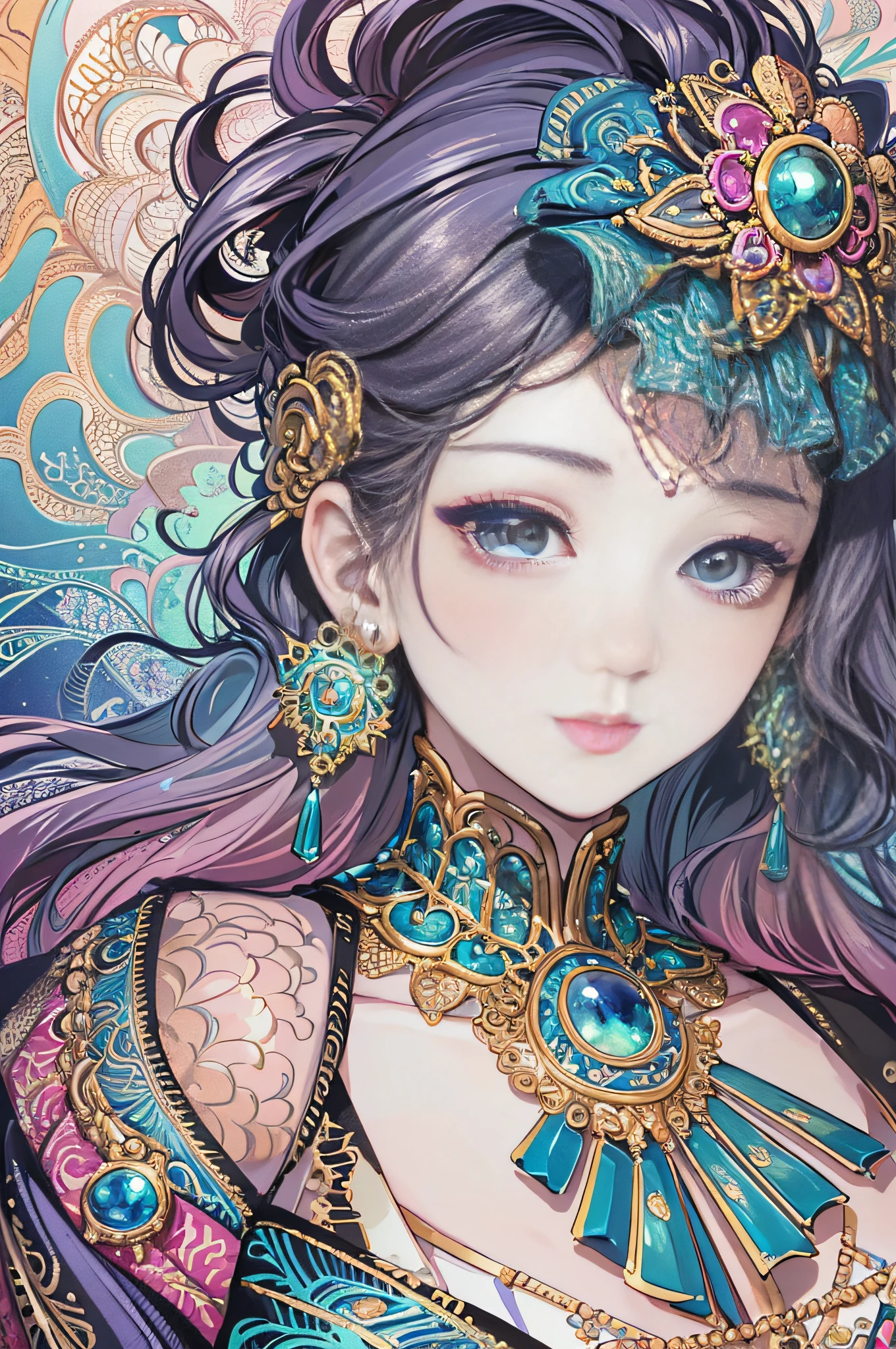 (Masterpiece, Top Quality, Best Quality, Official Art, Beauty and Aesthetics: 1.2), (1girl: 1.3), Very Detailed, (Fractal Art: 1.1), (Color: 1.1), Most Detailed, (Zentangle: 1.2), (Shiny Skin), (Earrings: 1.4), Simple Background, Head Close-up, Conservative Clothes, No Chest