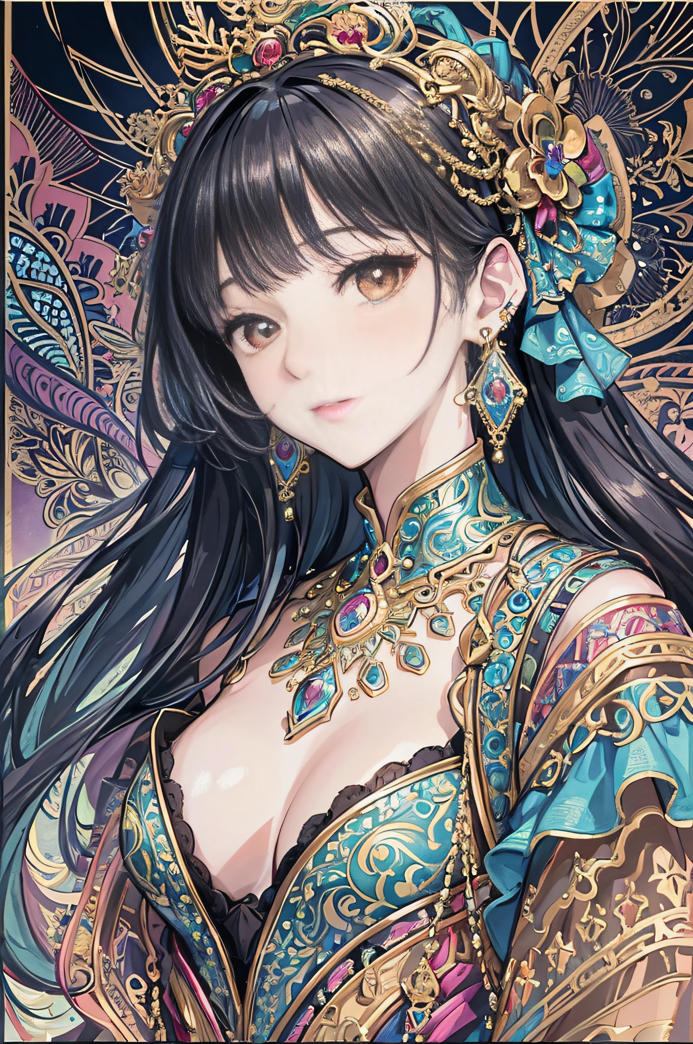 (Masterpiece, Top Quality, Best Quality, Official Art, Beauty and Aesthetics: 1.2), (1girl: 1.3), Very Detailed, (Fractal Art: 1.1), (Color: 1.1), Most Detailed, (Zentangle: 1.2), (Shiny Skin), (Earrings: 1.4), Simple Background, Head Close-up, Conservative Clothes, No Chest