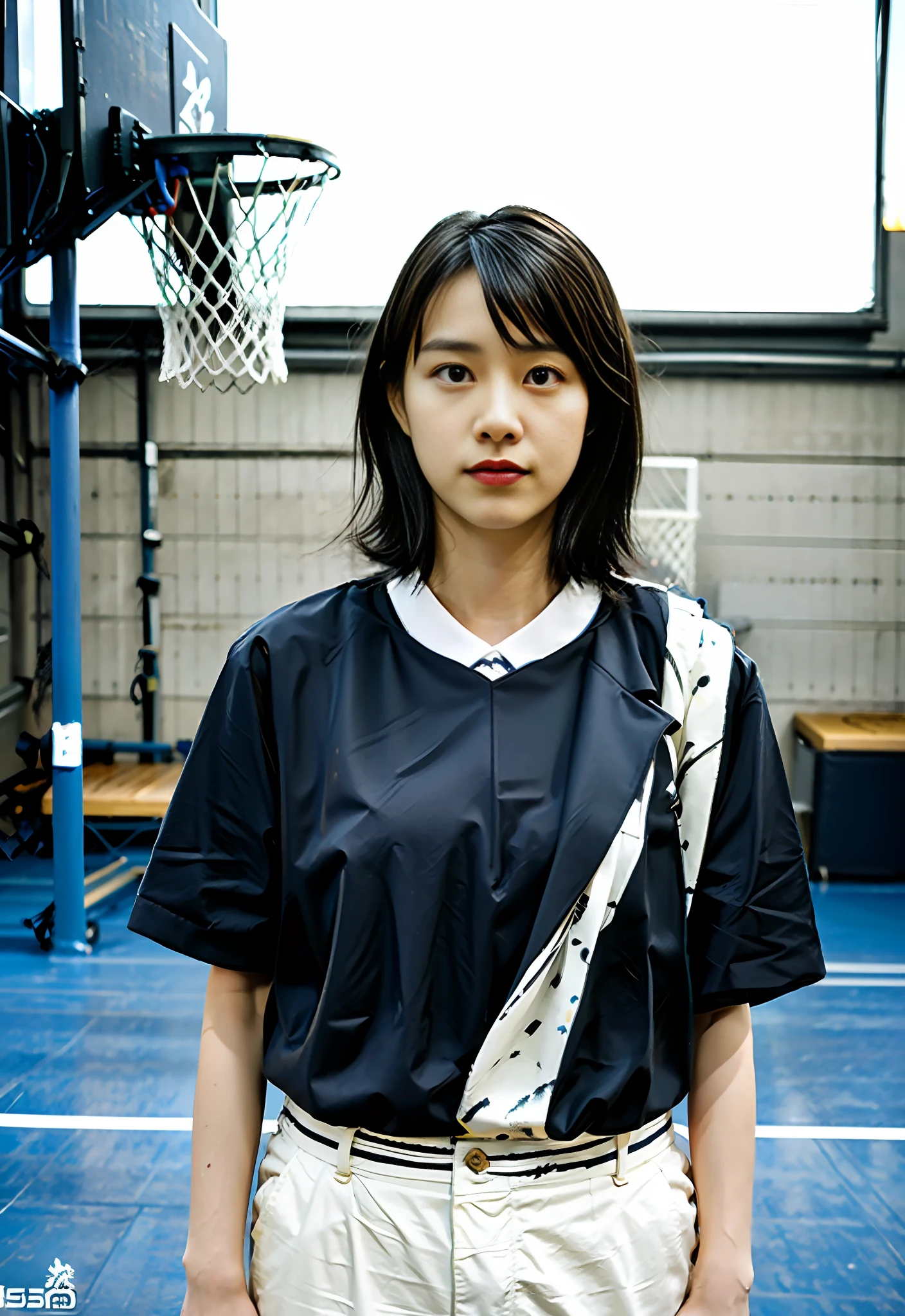 (8k, best quality, masterpiece:1.2), (realistic, photo-realistic:1.37), ultra-detailed,best quality, ultra high res, professional lighting, photon mapping, radiosity, physically-based rendering, cinematic lighting, basketball court,depth of field, sharp focus,sunbeam, good composition,(bokeh:1.2) 1girl,solo,(full body), (closed mouth),beautiful detailed eyes, pose, narrow waist,basketball uniform, black hair,messy hair,long hair floating in wind,(ulzzang-6500:1.2)
mix4, hiqcgbody