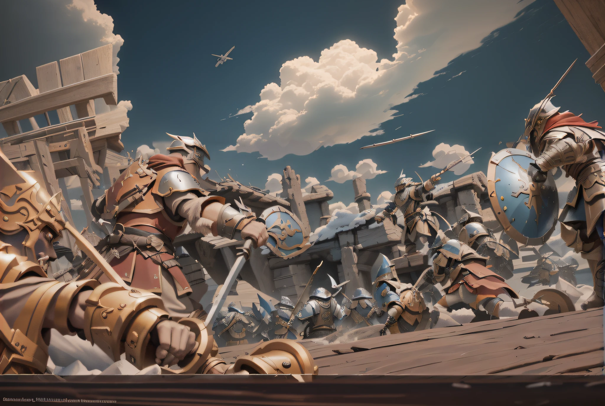 there are many people on a boat with a lot of armor, 3 d render stylized, stylized 3d render, stylized as a 3d render, rolands zilvinskis 3d render art, epic battlescene, invading army background, stylized game art, heroic battle scene, background: battle scene, stylized 3 d