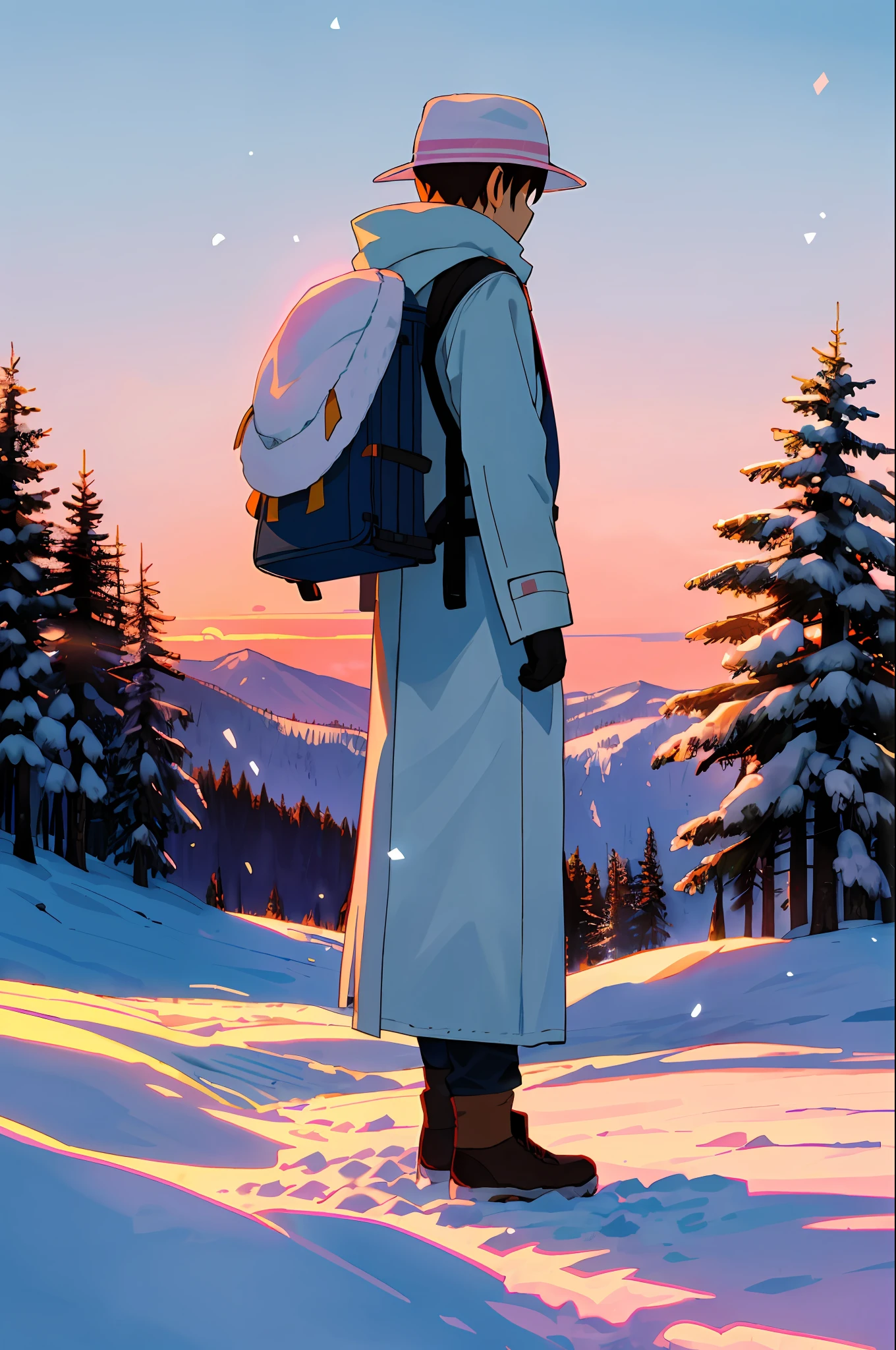 1traveler man, hat, turned back head, soft pink sunset with a bright sun slowly rises on the horizon, amid white snow-covered mountains, spruce forests and fields,