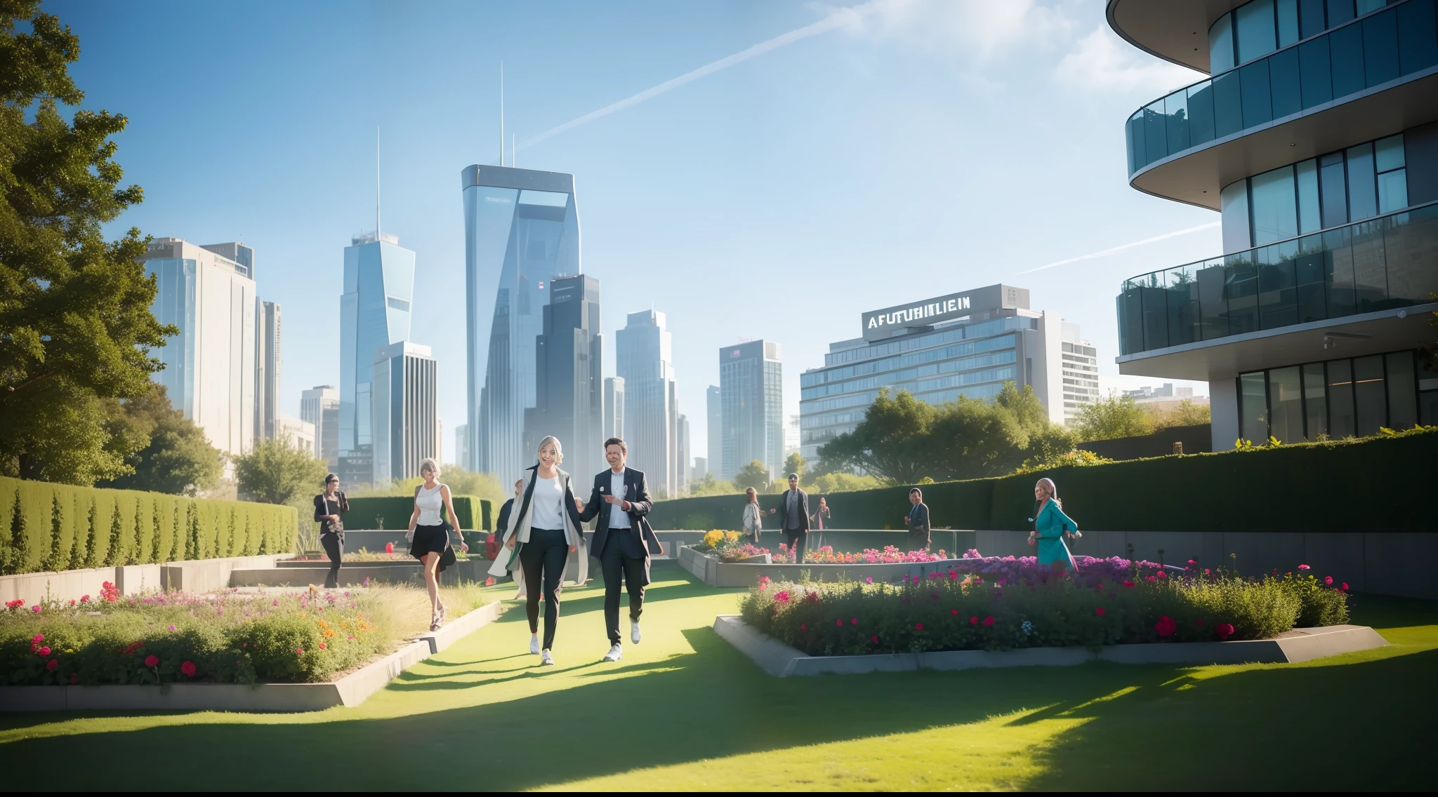 futuristic community garden with smiling people walking by, stylish clothing, vibrant, photorealistic, realistic, dramatic, cinematic lighting, sharp focus, 8k