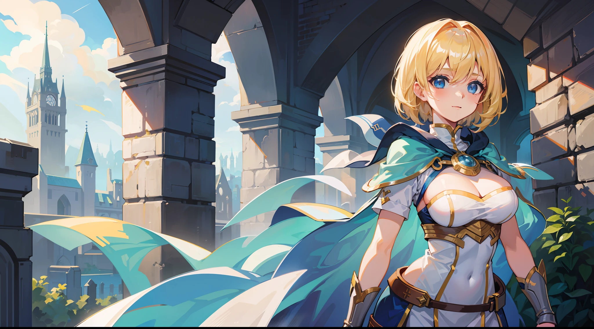 a girl, cleric, blonde, short hair, bright blue eyes, beautiful breasts, hair between eyes, bangs, full body, confident, heroic posture, happy, fantasy, medieval, rays of sun