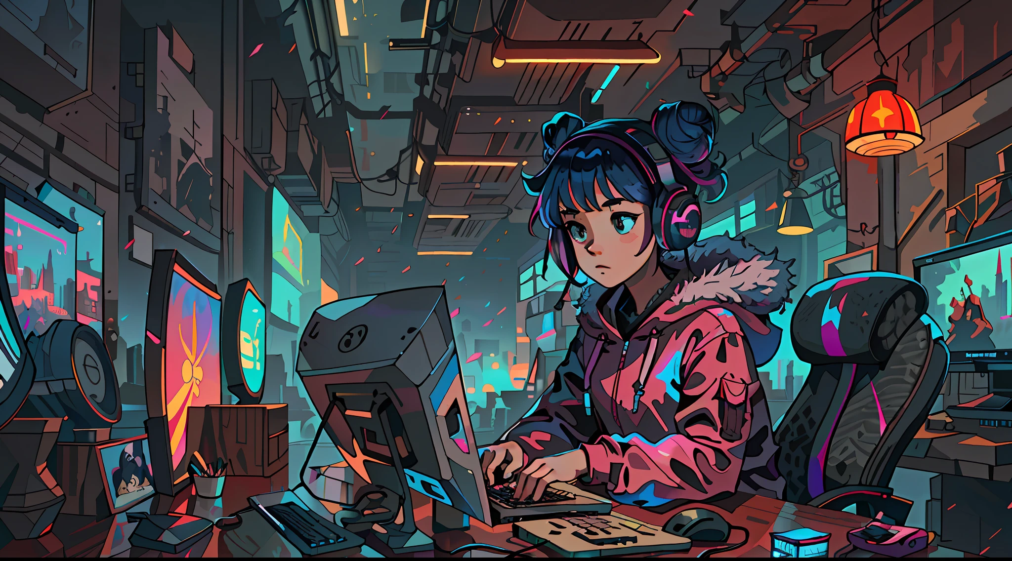 masterpiece,best illustration,solo,1girl,sitting,hair bun,pink hair,keyboard\(computer\),fur trim,computer,monitor,hood,jacket,food down,chair,headphones,citi,double pan,musical instrument,cyberpunk,small wooden toy,\(\(intricate details\)\),colorful details,iridescent BREAK,\(\(Masterpiece Highest Quality\)\),4k,Super Detail,Detail Lighting,\(\(Inspired by Hayao Miyazaki\)\)),Official Art,Promotional Art,Composition,