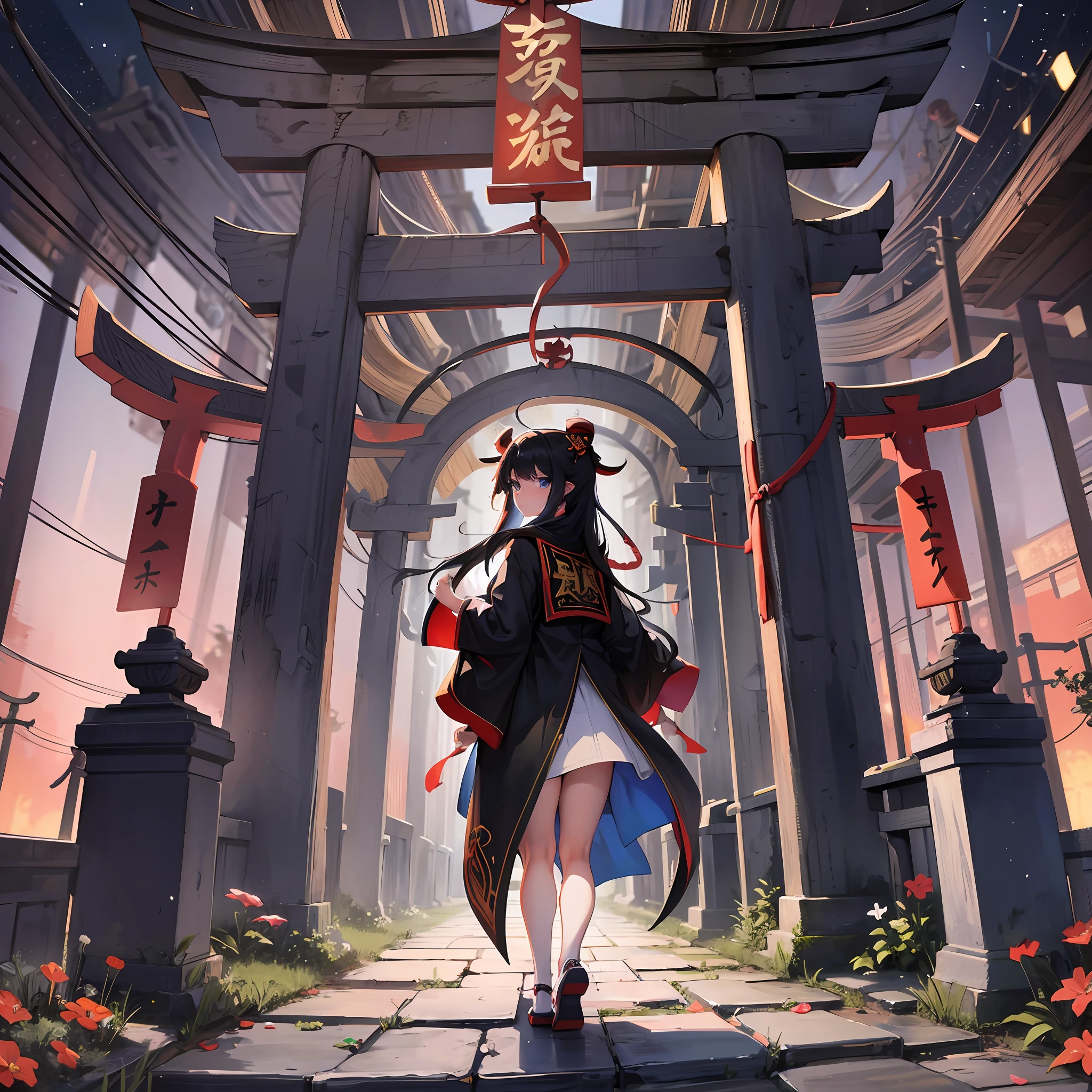 shrine torii, girl, black long hair, priestess, full body, night, looking back, sexy, cute, blue eyes --auto --s2