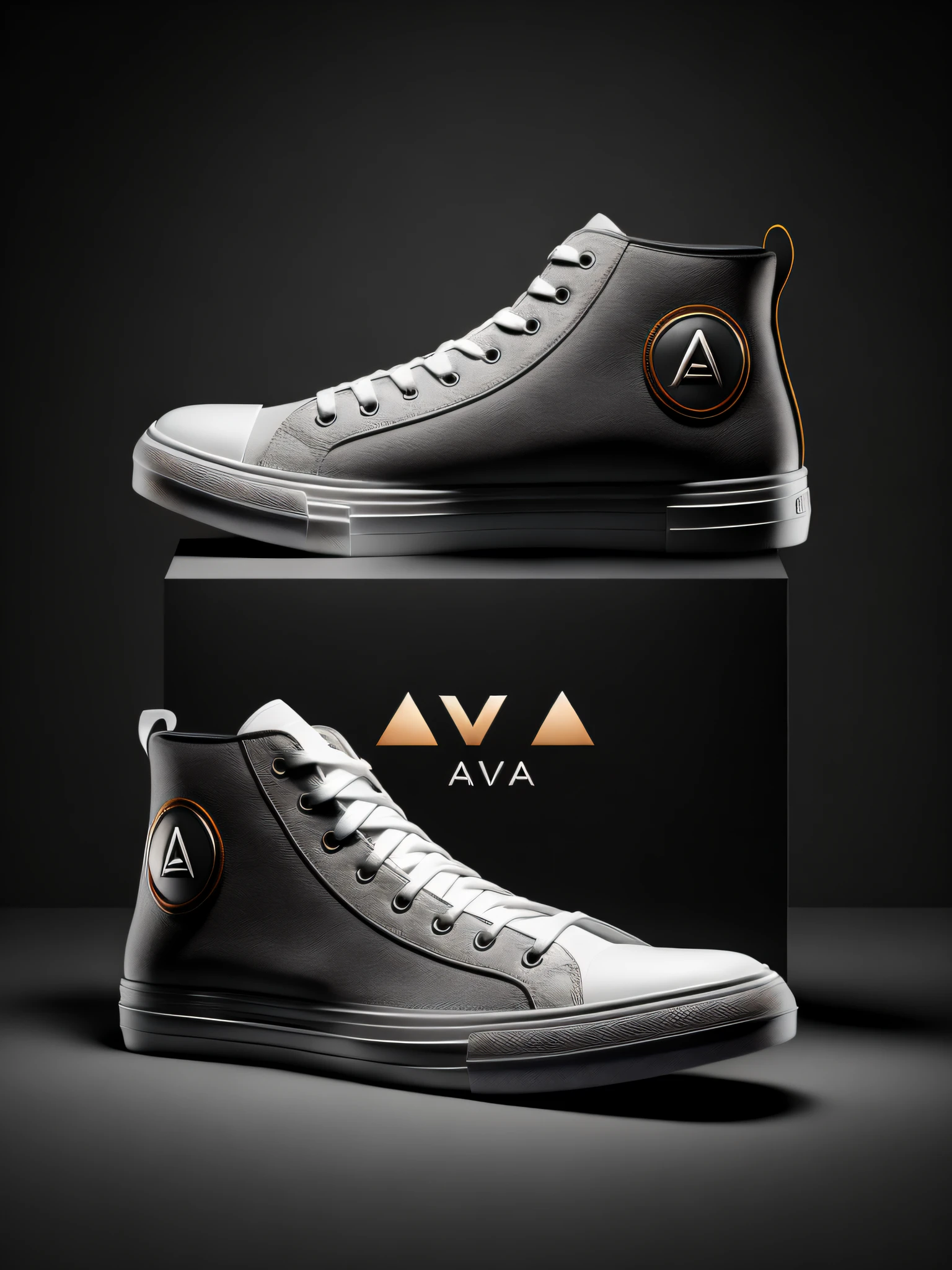 Product Photo (AVA) logo sneakers, spectacular rendering, octane, atmosphere, grain, AVA, AVA brand, Ava,