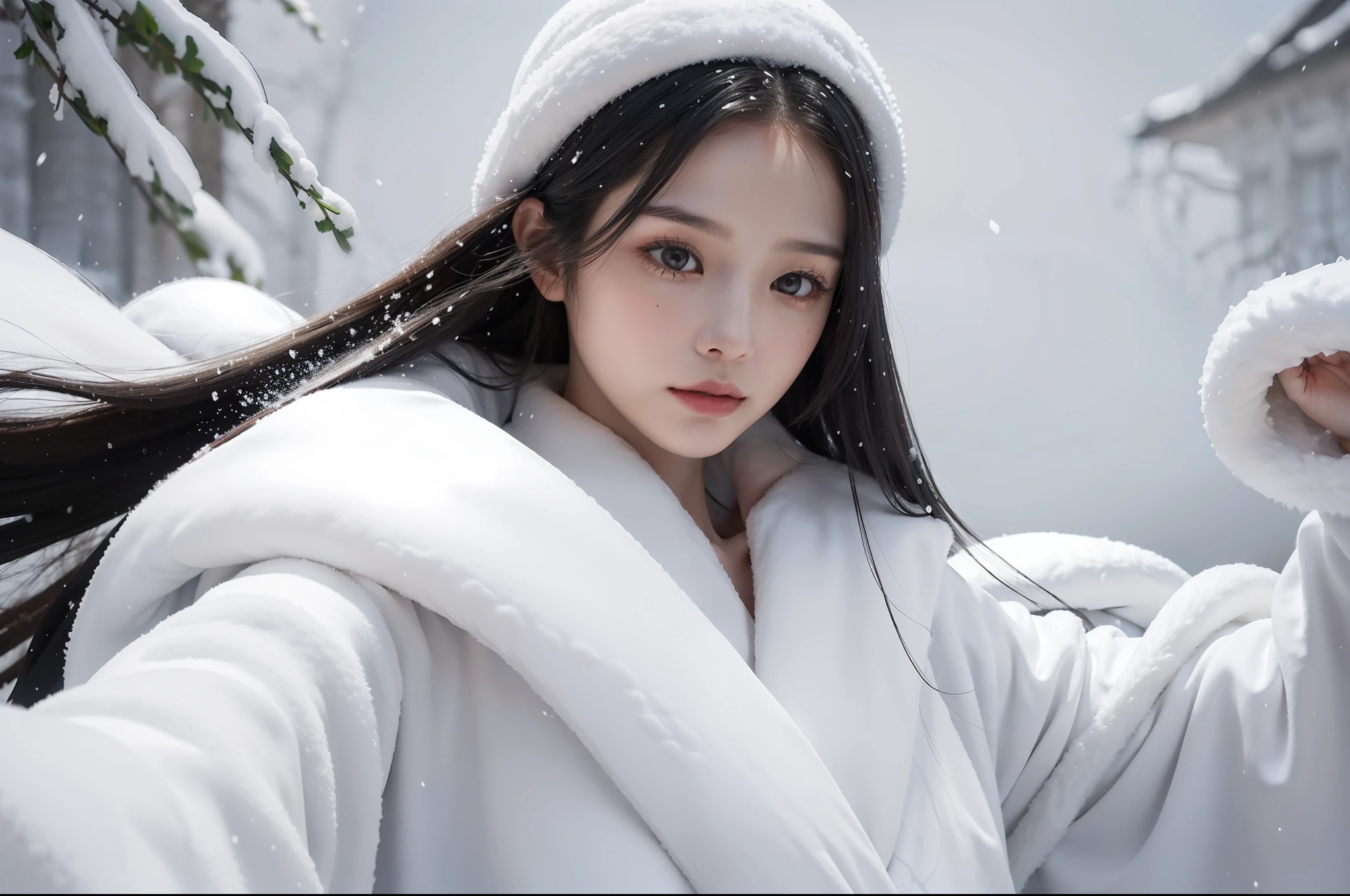 women with long hair in white robe walking through snow,heavy snow,look at the camera,close-up shot,delicate facial details, in the style of influenced by ancient chinese art , celebrity photography , gongbi , gothic references , photo - realistic ,upscale --ar 3:2 --q 5 --v 5.1 --style raw --s
