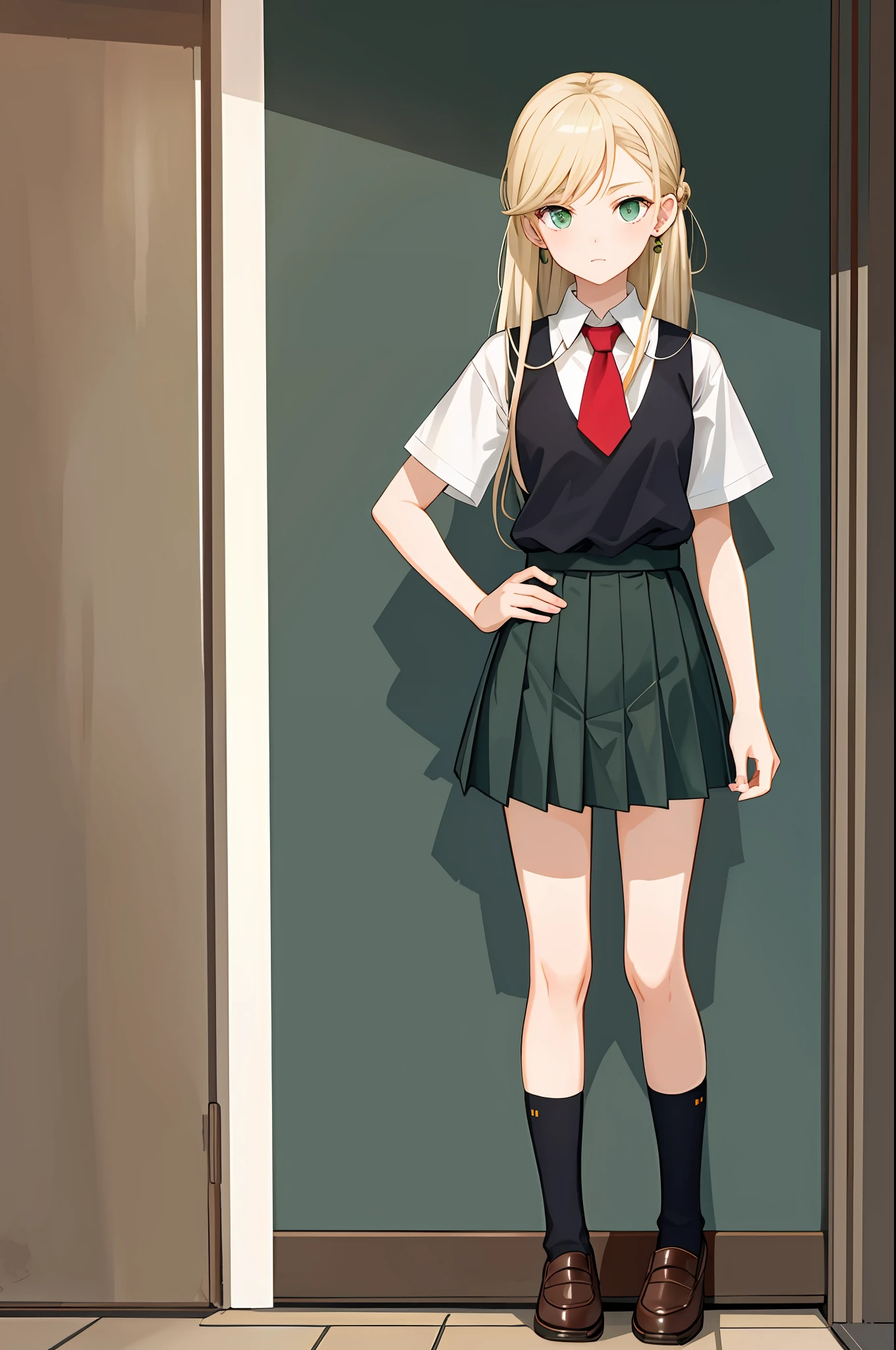 Masterpiece, Top Quality, 1girl,Green eyes, Pale blonde, Half up, Long hair, Full body, One hand on hip, Standing, Short sleeve, Solo, Watch Viewer, American uniform, Black socks, Brown loafers, Black over-knee high, Pleated green skirt, Red tie, Uniform, Shirt, Simple background, light blue earrings