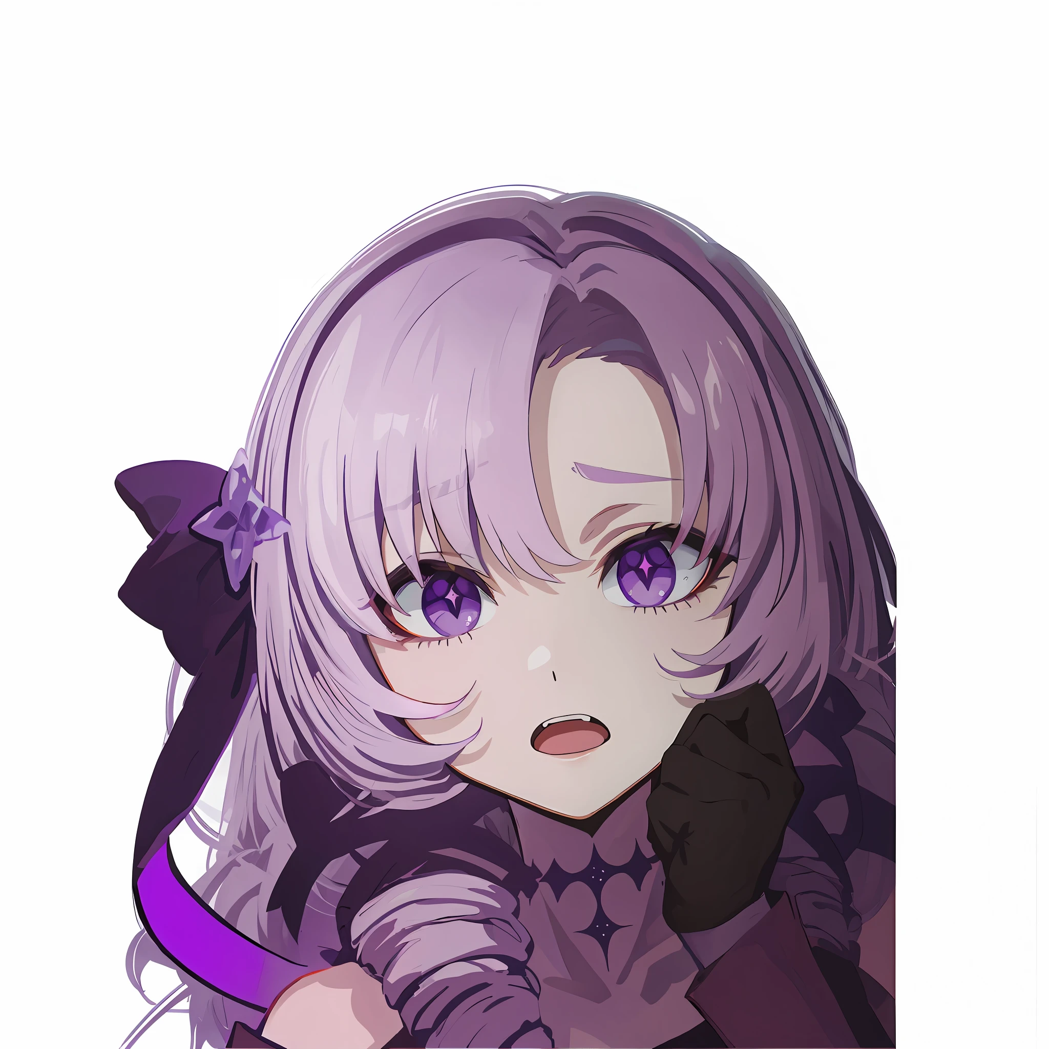 scared expression, panic, open mouth, drill hair, purple ribbon, purple eyes, lilac hair, off-shoulder, diamond in eyes, watery eyes