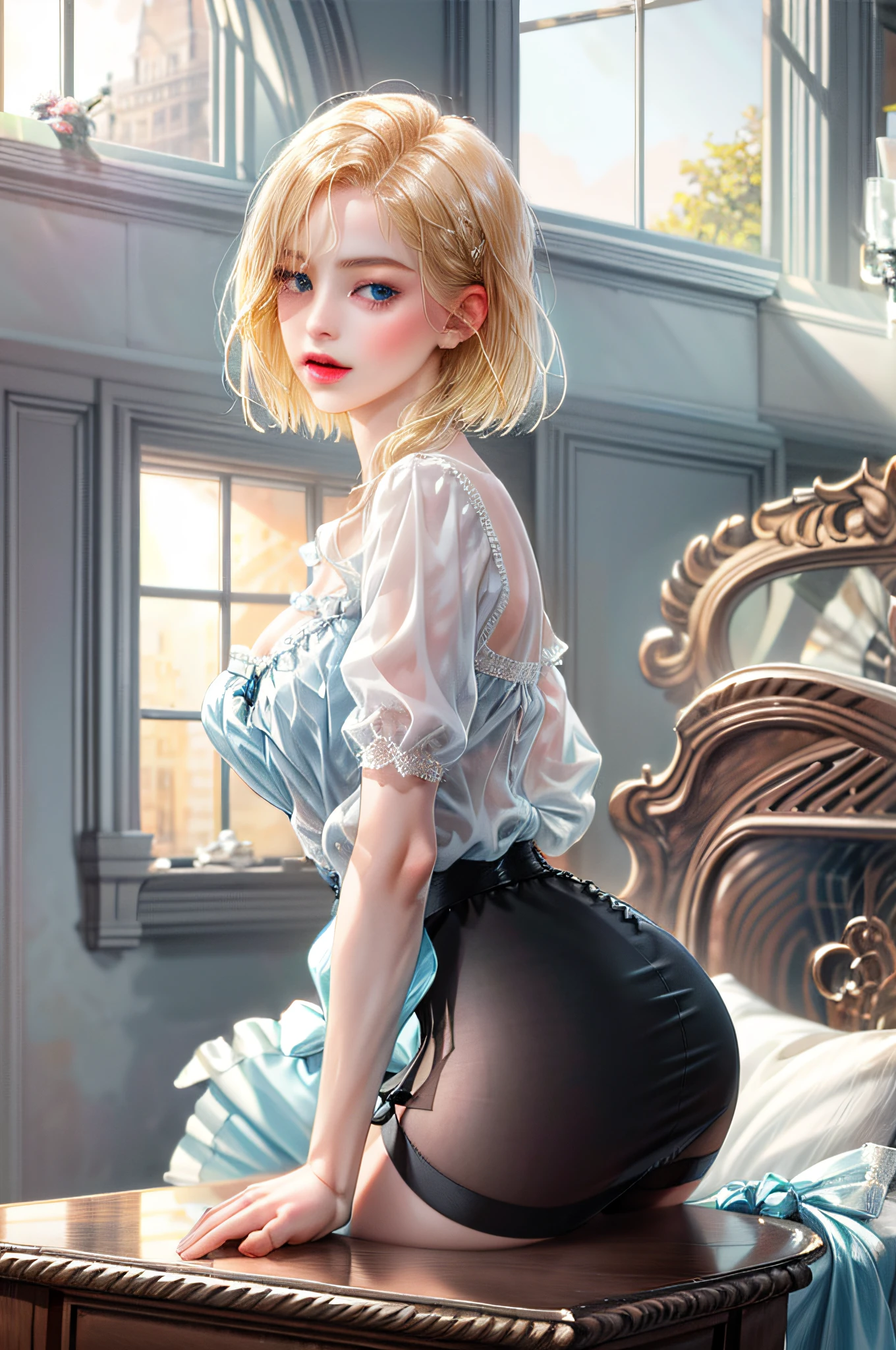Girl with blonde hair and blue eyes, beautiful, thin ((white sheer blouse, no black mini skirt)), underwear bite, sexy pose, lower body slender, back figure, gaze by the window, buttocks sticking out, on all fours, buttocks facing this side, hair short bob woman, ((white sheer blouse, black mini skirt)), no bra, underwear bite, sexy pose, lower body slender, behind the woman there are windows indicating various buildings in the city (absurdity, high resolution, ultra-detail),