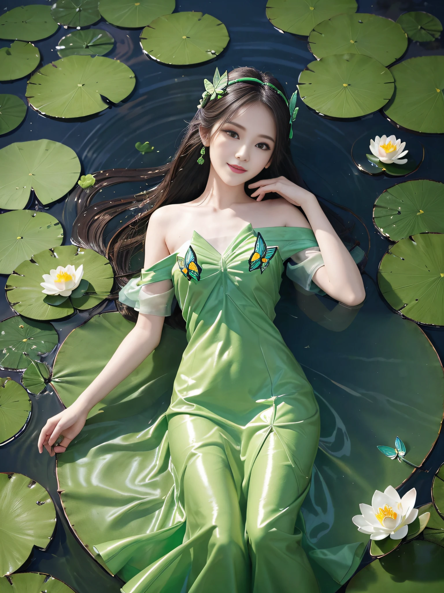 (1girl:1.5),(light smile:1.3),(green dress),(lotus pond),(lily pads),(lotus flowers:1.3),(butterfly:1.4), (paper fan), (floating leaves),(wind), (lying), (transparent water:1.1),(moonlight:1.3),(peaceful atmosphere:1.4), (wide shot),(from above),(green theme:1.2), She lying in the center of the lotus pond, smile, smirk, glint, red lips, The girl wearing a beautiful Hanfu, perfectly matched with the surrounding scenery. The beautiful night, the moonlight reflected in the water, creating a calm atmosphere. From above, the viewer can see the lily pads and lotus flowers that surround her, there are mysterious light under water illuminating the fish swimming elegantly around her. Many blue butterflies dancing around the girl, The green theme dominates the scene, with shades of emerald and jade that highlight the natural beauty of the pond. The rippling water and moonlight add to the tranquil mood, making it the perfect spot for relaxation and reflection.