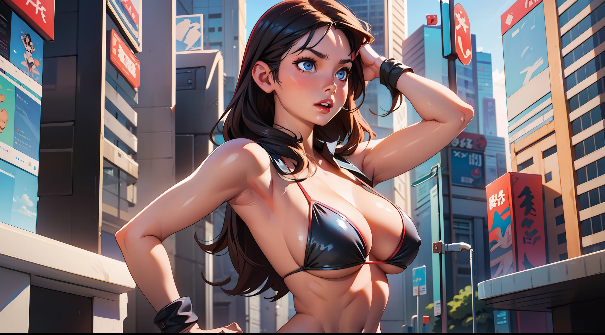 1 girl, suit, action pose, lewd face, sexy, cleavage, black hair, blue eyes, tight bikini, thigh highs, short sleeves, armpits, large breasts, wide hips, thick thighs, muscles, abs, no teeth, beautiful face, realistic, ray traced, beautiful eyes, red lipstick