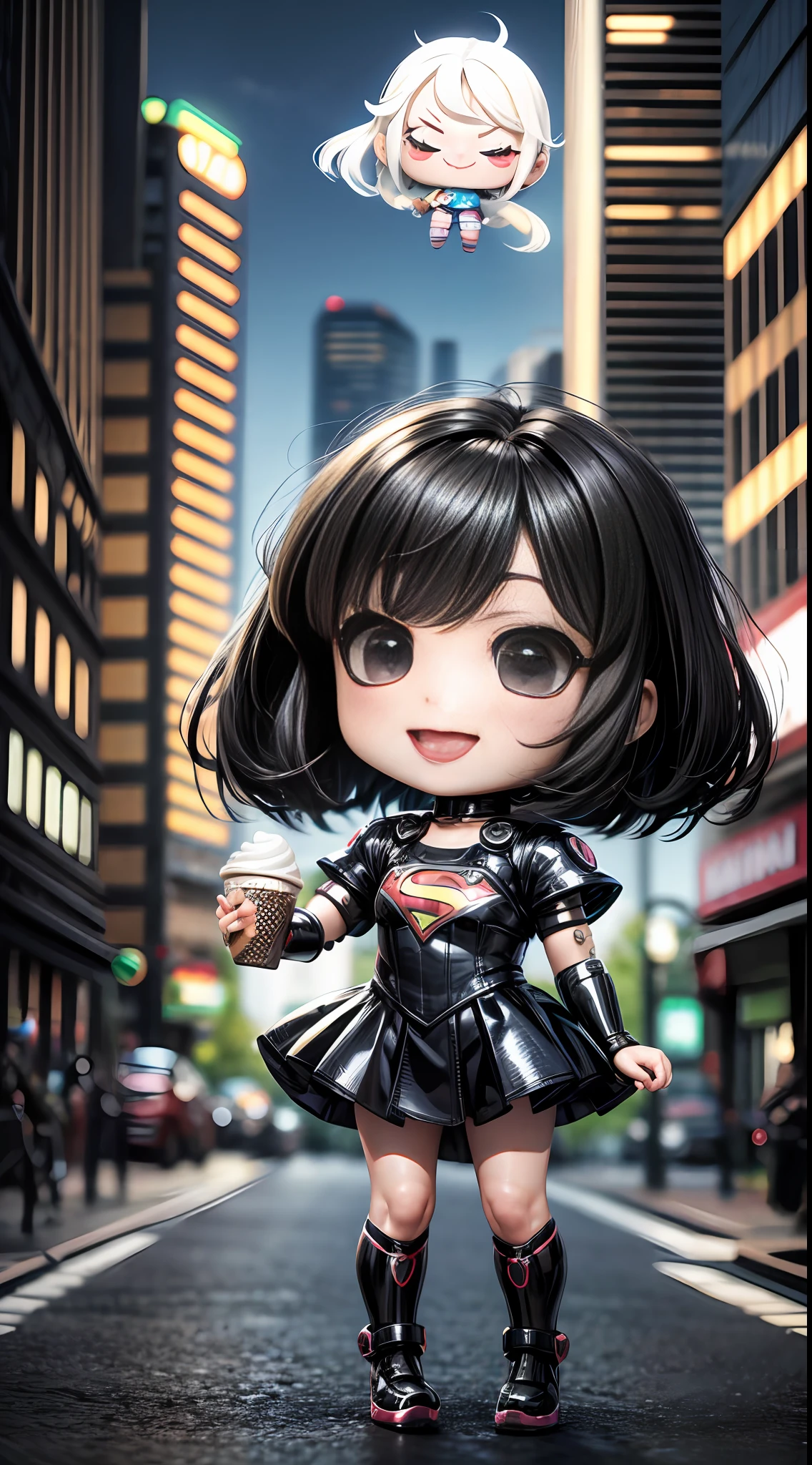 baby chibi supergirl character, realistic 3d short hair, black hair, long straight hair, happy face, shiny black eyes, full body she with ice cream cyberpunk style --auto --s2