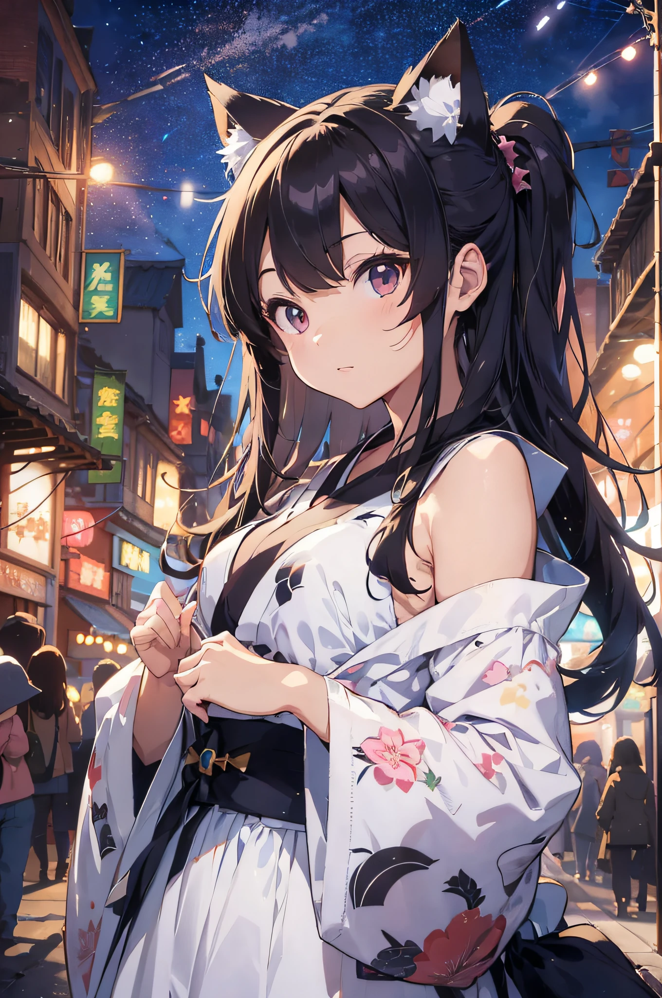 Anime cat ear girl in kimono clothes with cat ears, shoulder looking, anime drawing by Yang J, pixiv contest winner, serial art, digital anime illustration, kawashi, anime style illustration, anime style 4K, beautiful anime portrait, anime style portrait, anime style artwork, Guweiz style artwork, Anime Illustration, Digital Anime Art, Detailed Digital Anime Art, Beautiful Starry Sky, Fireworks
