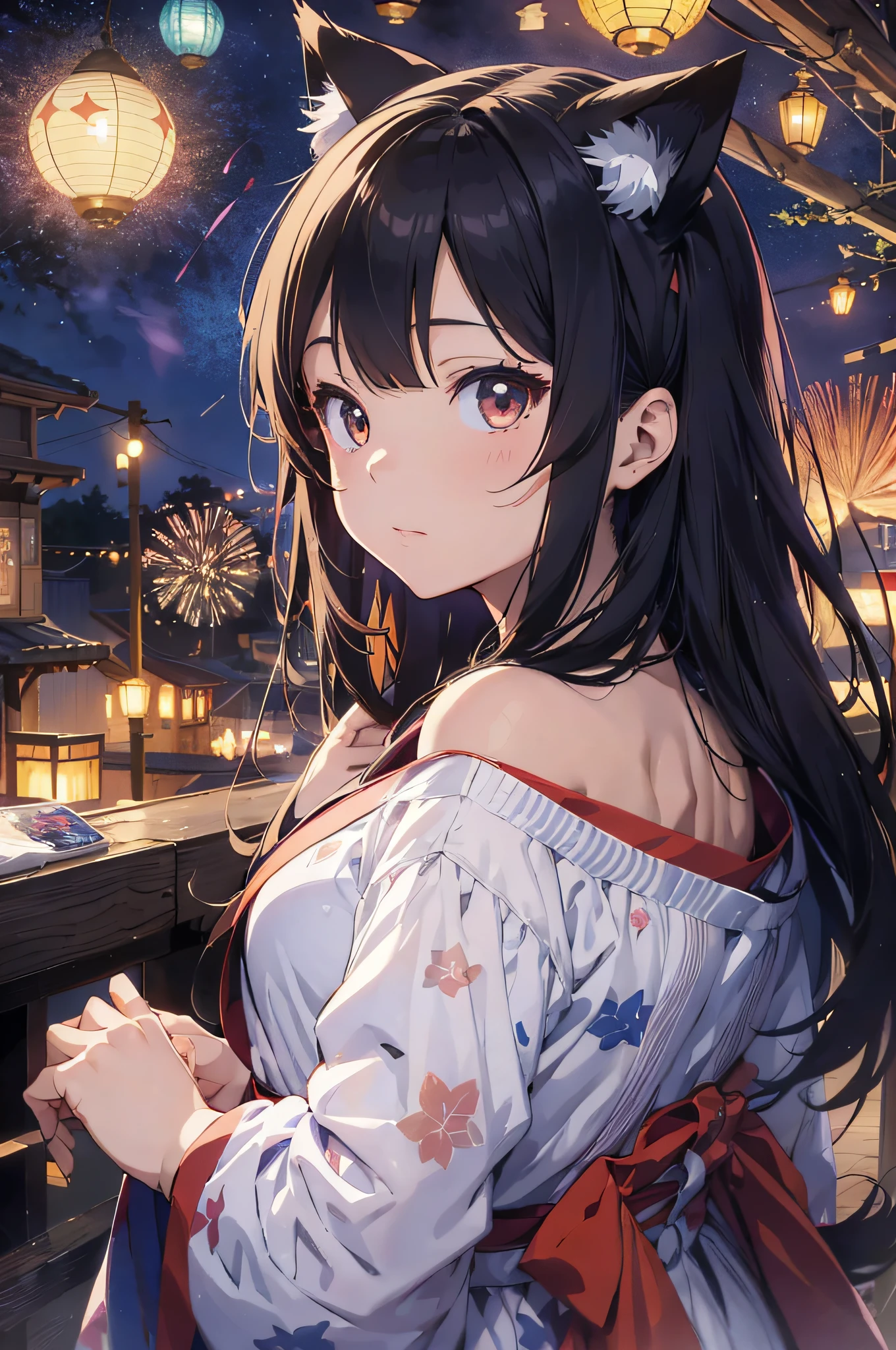 Anime cat ear girl in kimono clothes with cat ears, shoulder looking, anime drawing by Yang J, pixiv contest winner, serial art, digital anime illustration, kawashi, anime style illustration, anime style 4K, beautiful anime portrait, anime style portrait, anime style artwork, Guweiz style artwork, Anime Illustration, Digital Anime Art, Detailed Digital Anime Art, Beautiful Starry Sky, Fireworks