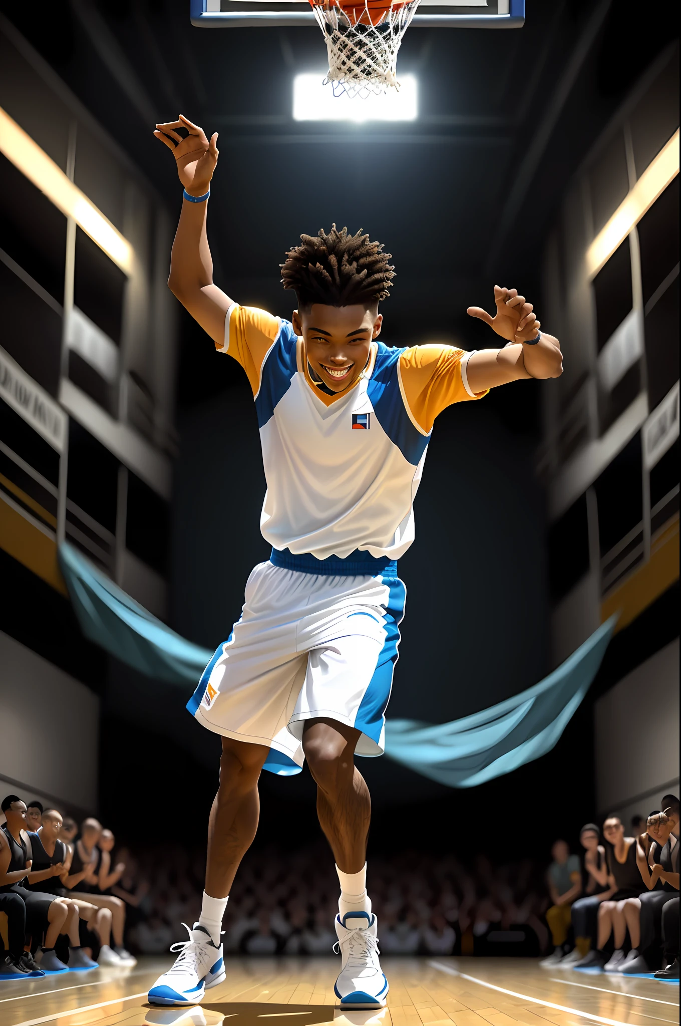 There is a man dancing on a court, having a good time, a young man with a small smile and dancing, he dances, excited, in an action pose, being delighted and joyful, smiling playfully, playing basketball, having a good time, playful pose of a dancer, triumphant pose
