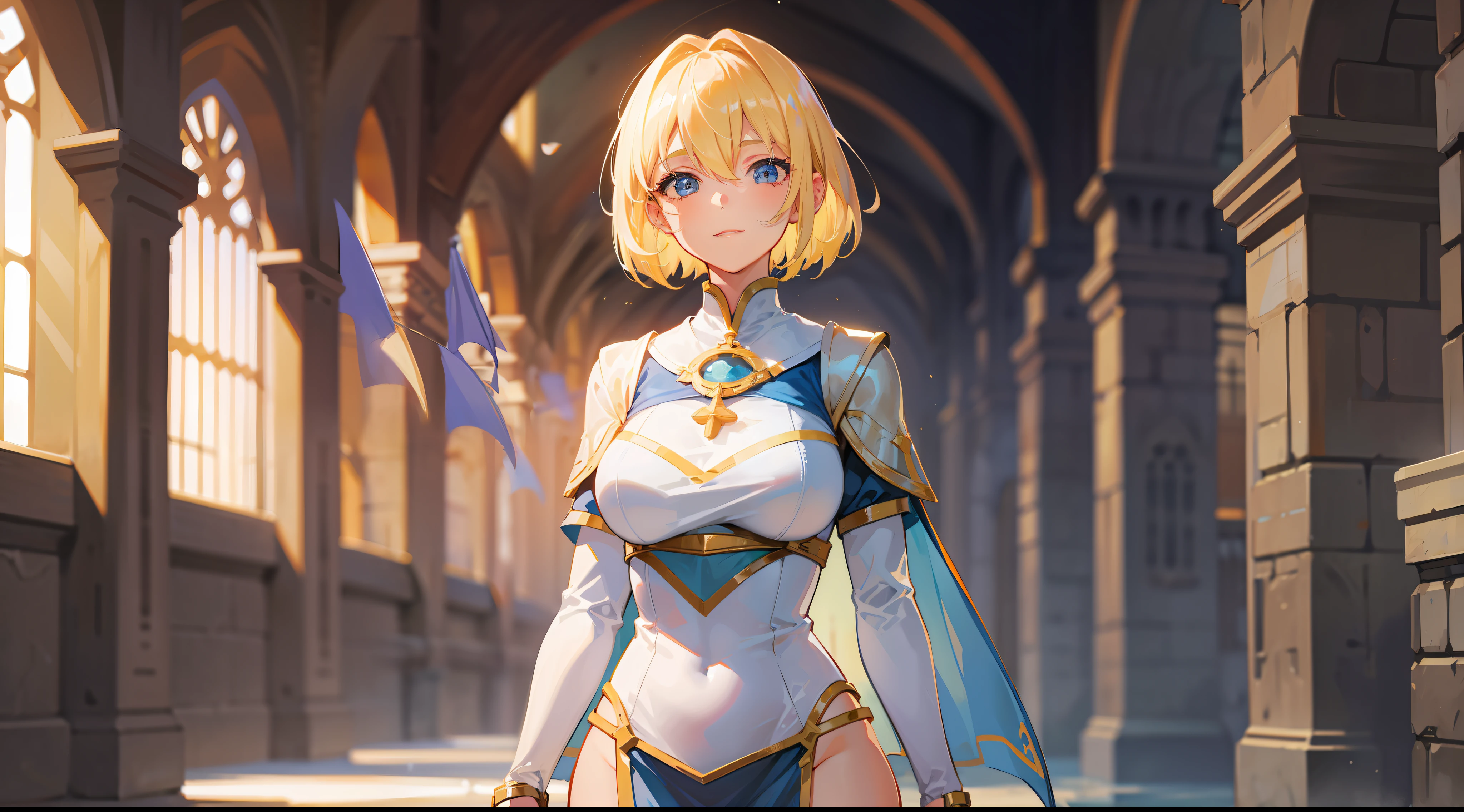 a girl, cleric, blonde, short hair, bright blue eyes, beautiful breasts, hair between eyes, bangs, full body, confident, heroic posture, happy, fantasy, medieval, rays of sun