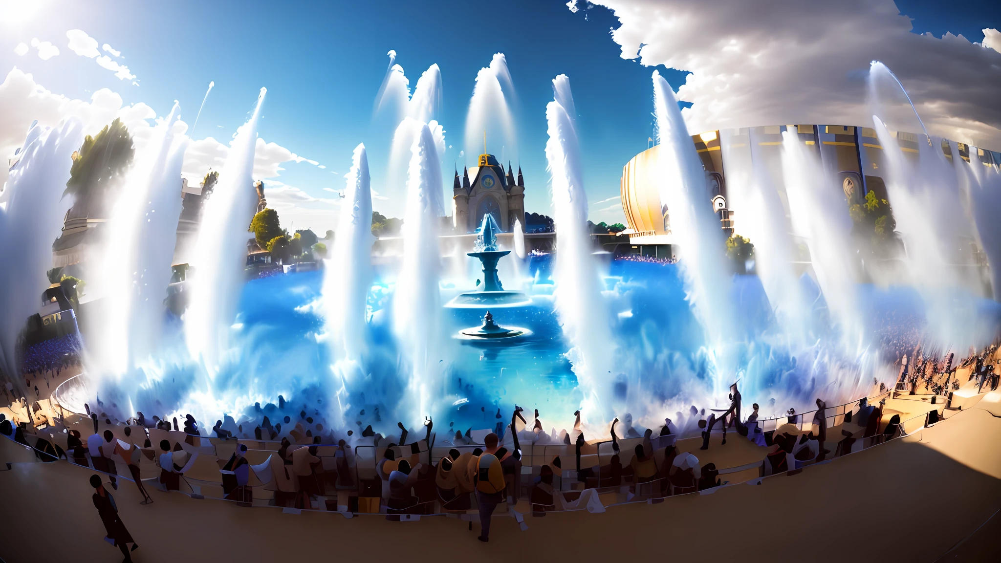 araffe fountain with water spraying in front of a crowd of people, epic wide shot, ultra wide shot, ultra very long shot, absolutely outstanding image, tomorrowland, epic wide angle, very very wide shot, ultra wide angle shot, extreme wide shot, in front of a large crowd, very epic atmosphere, super wide shot, ultra wide-shot, very wide shot