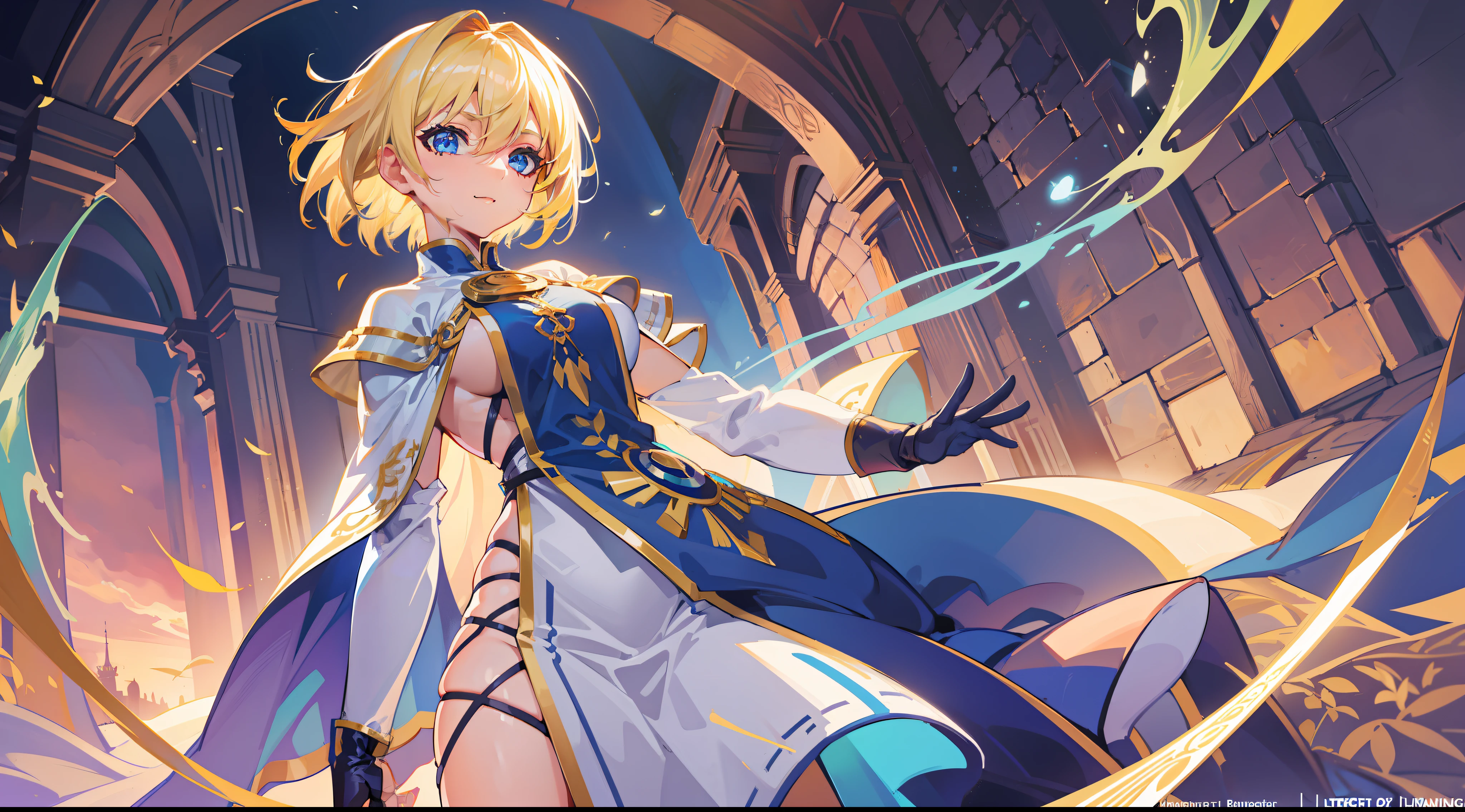 a girl, cleric, blonde, short hair, bright blue eyes, beautiful breasts, hair between eyes, bangs, full body, confident, heroic posture, happy, fantasy, medieval, rays of sun