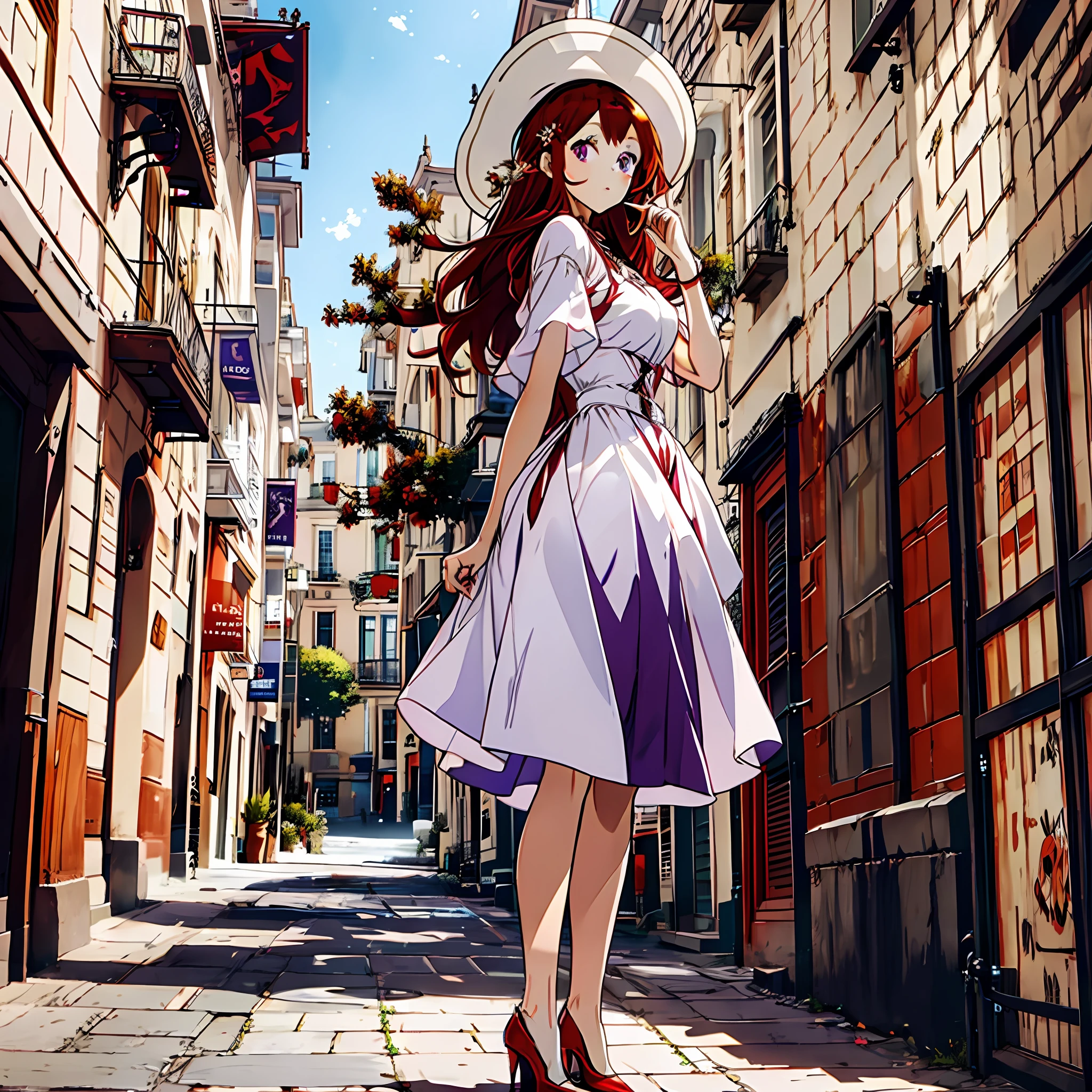 Red-haired woman with purple eyes, sun hat, brown dress, white silk stockings, red high heels, she stands and waits (hand optimized) with Western European rental house on background