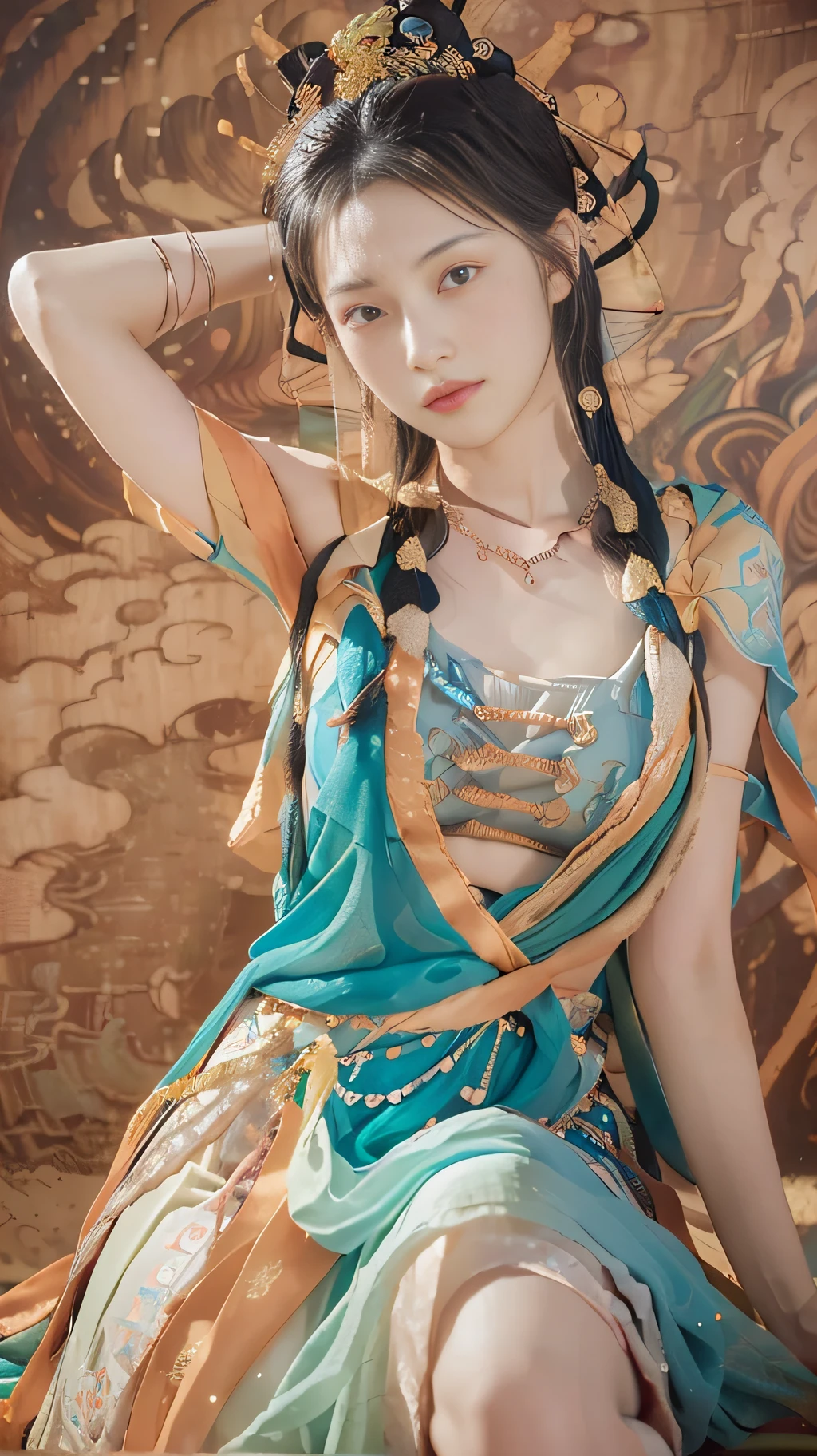 (8k, RAW photo, best quality, masterpiece:1.2), (realistic, photo-realistic:1.4), (extremely detailed CG unity 8k wallpaper), 1 girl solo, (from below:1.2), dance, dunhuang_dress, dunhuang_style, dunhuang_background,