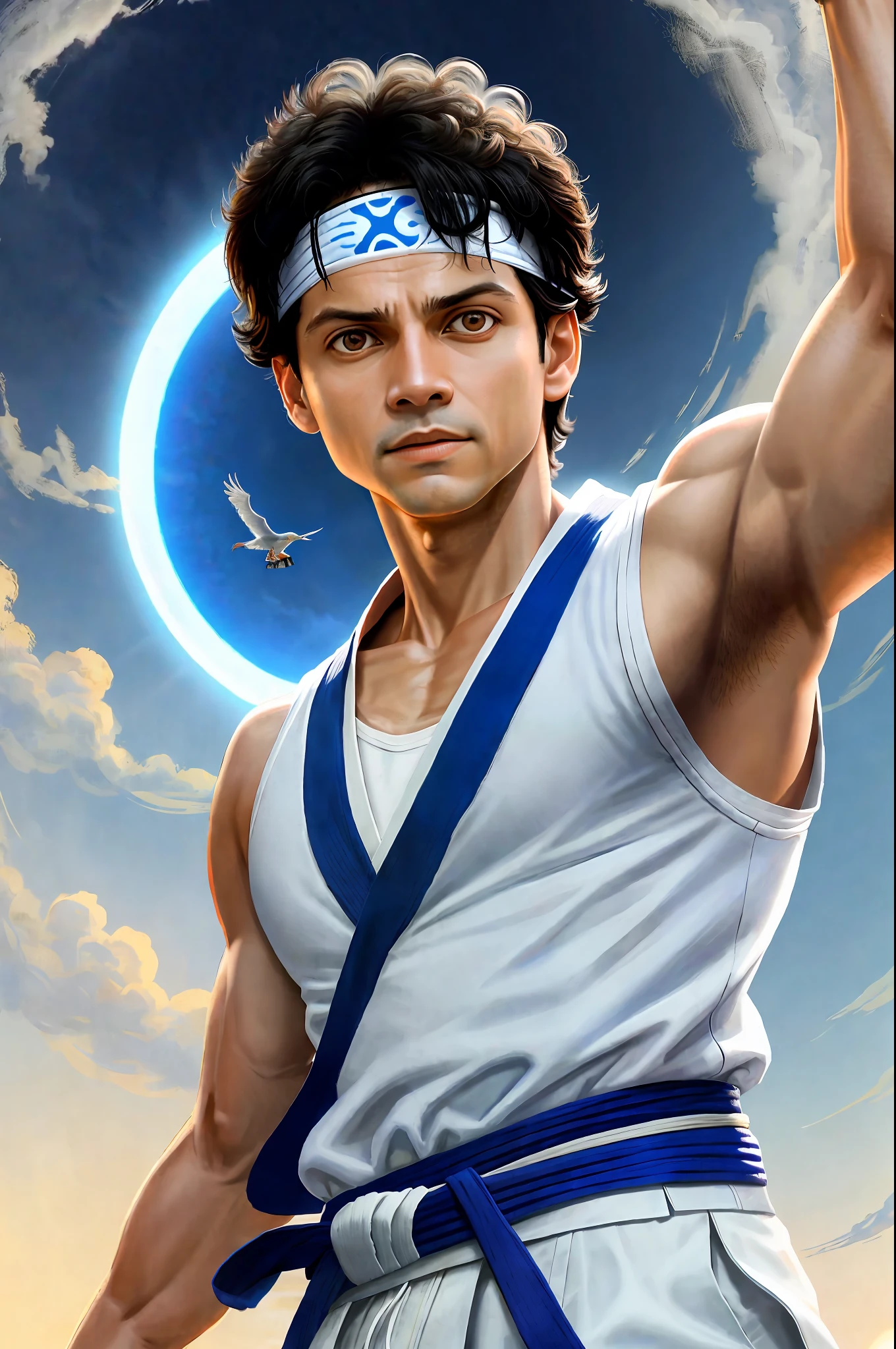 Ralph Macchio as Daniel Larusso wearing white karate Gi and headband with blue sun pattern on it, performing the crane kick in the karate tournament from the film The Karate Kid, interior setting