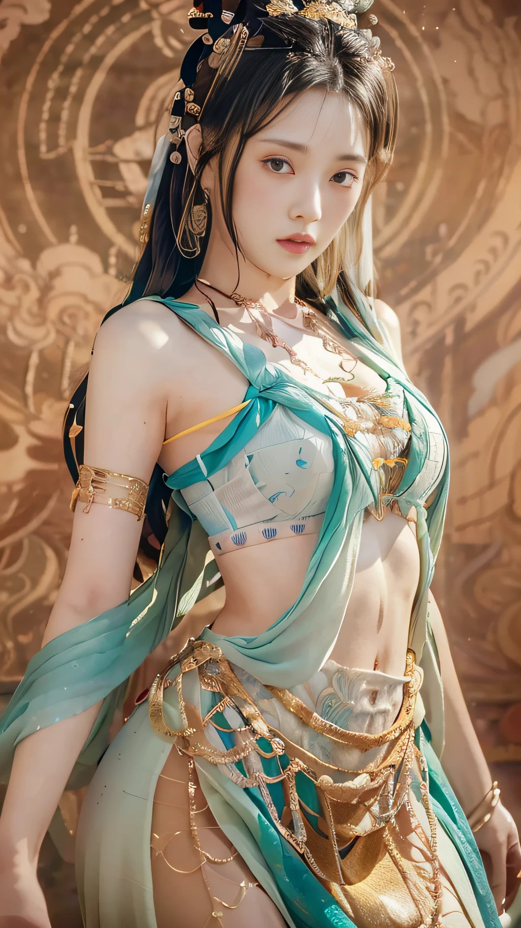 (8k, RAW photo, best quality, masterpiece:1.2), (realistic, photo-realistic:1.4), (extremely detailed CG unity 8k wallpaper), 1 girl solo, (from below:1.2), dance, dunhuang_dress, dunhuang_style, dunhuang_background,