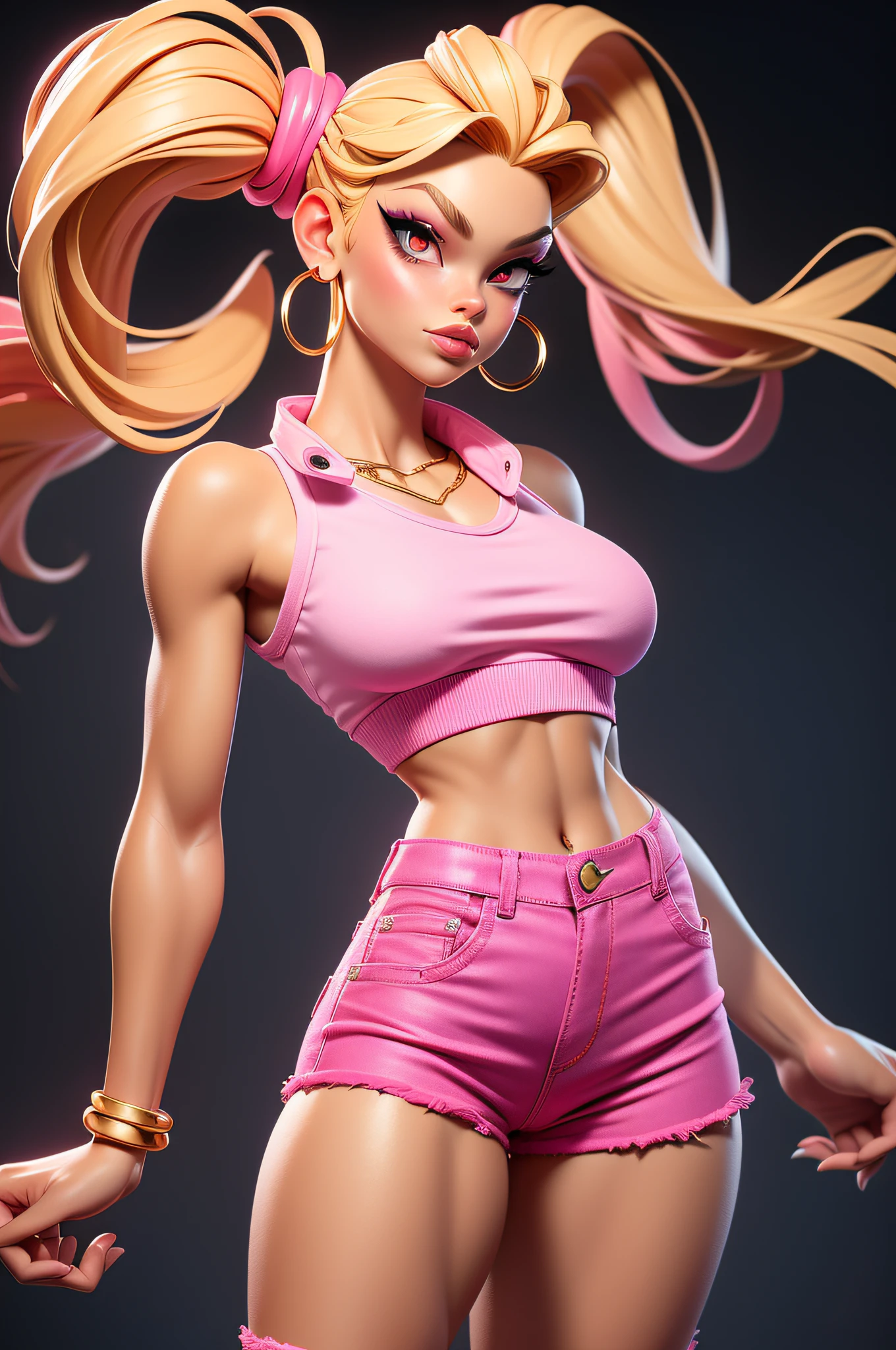 3dmm style, (Full body portrait), (dynamic pose), (unique pose), (masterpiece, top quality, best quality, blonde cornrows, realistic, downturned eyes, full lips, big lips, gothic makeup, black bandana, 1girl, best quality, intricate details, looking at viewer, ultra realistic 8k cg, picture perfect face, gold pupils, flawless, clean, masterpiece, professional artwork, famous artwork, film lighting, film Bloom, perfect face, beautiful face, beautiful eyes, skin spots, ((perfect female body, narrow waist, massive thighs)), (legs spread apart), ('HOT PINK' loose-fitting croptop:1.3), fitted design, hoop earrings, gothic braclets, double breasted, low cut collar, black belt, hot pink acrylic nails, (pink denim fluffy high-waisted short-shorts:1.1), White Nike AirForce Ones, gold accents,