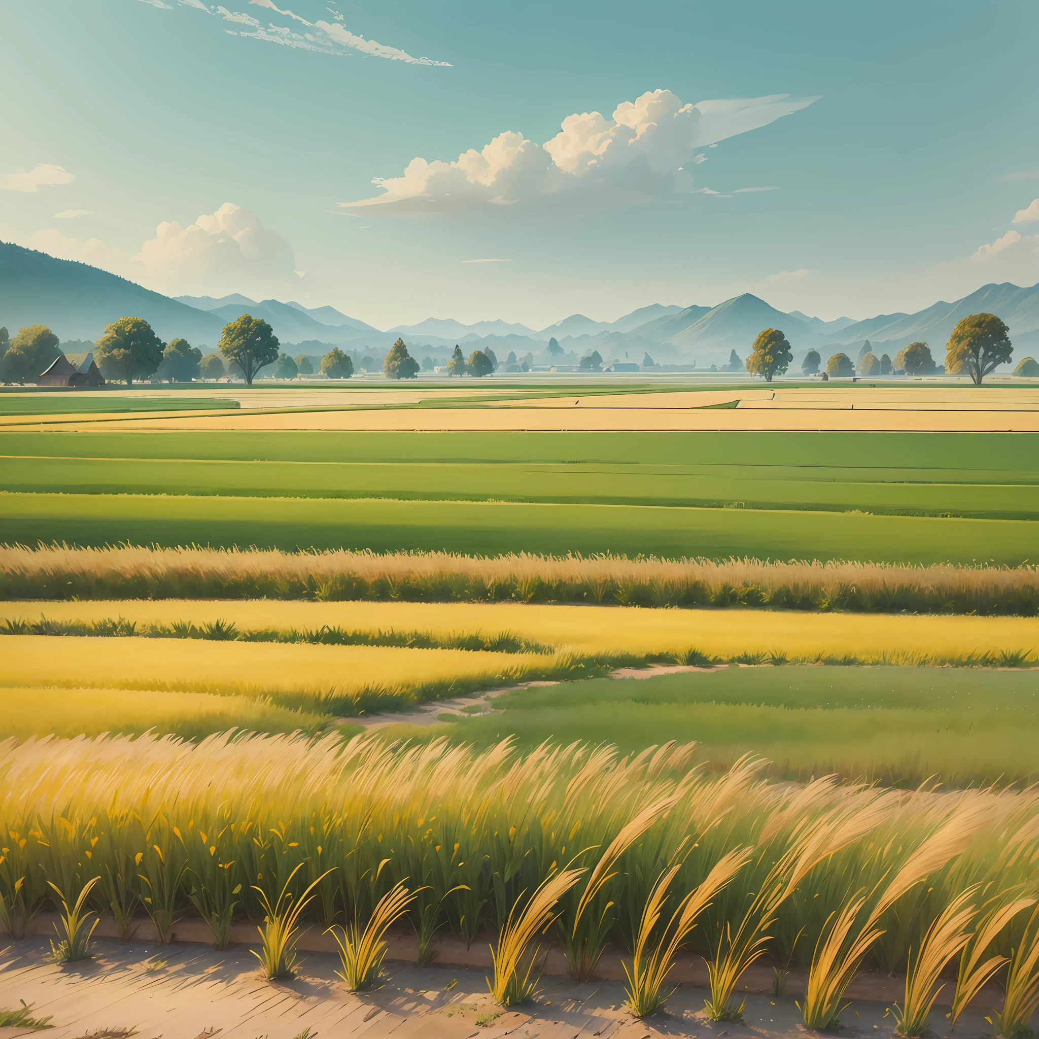 Watercolor style, large expanses of golden fields, the field looks like a painting from afar, the rice fragrance from the paving, there is a village on the far edge of the field, there is a smoke, there is a road in the field, the summer season, high-definition --auto --s2