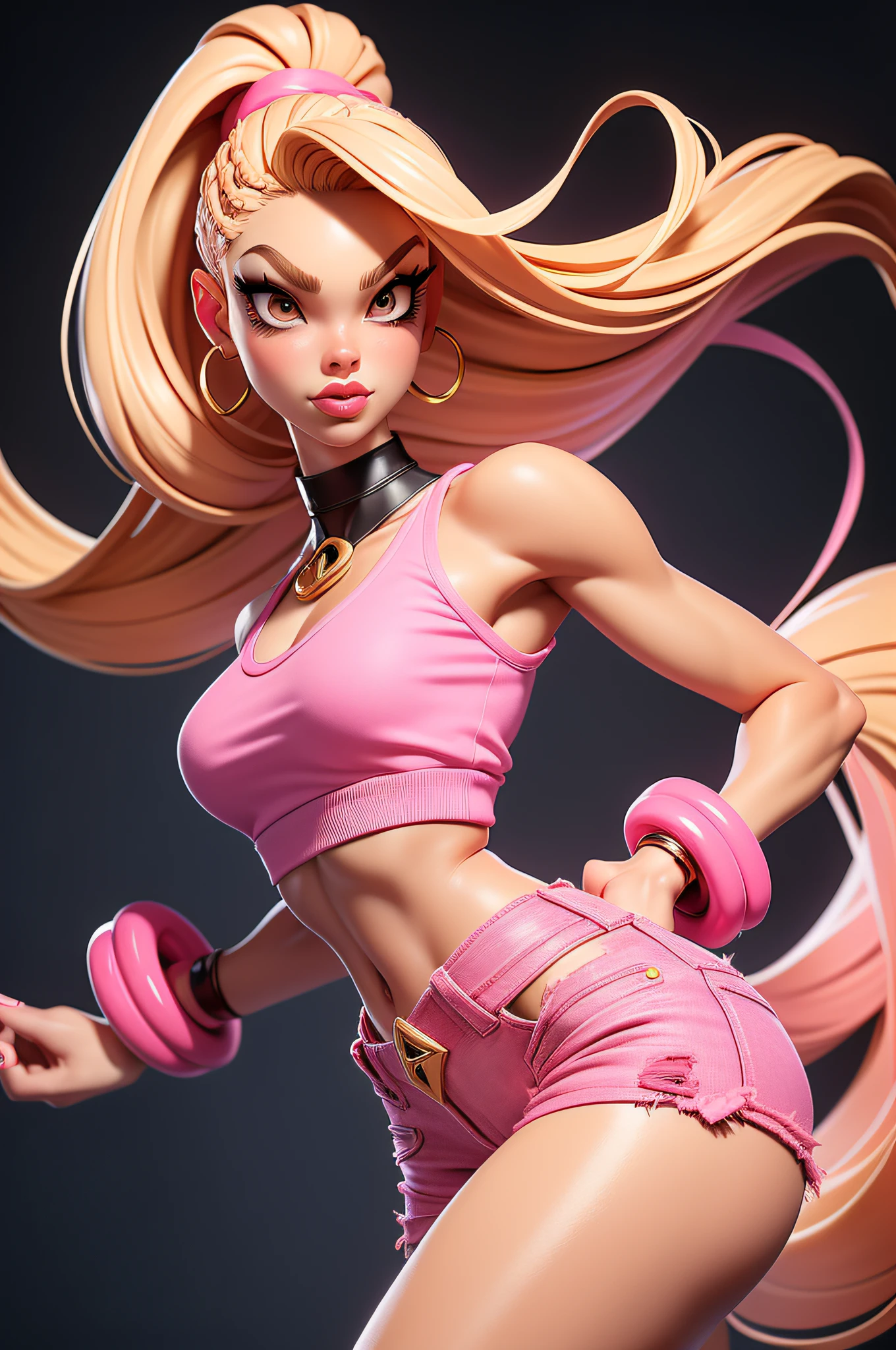 3dmm style, (Full body portrait), (dynamic pose), (unique pose), (masterpiece, top quality, best quality, blonde cornrows, realistic, downturned eyes, full lips, big lips, gothic makeup, black bandana, 1girl, best quality, intricate details, looking at viewer, ultra realistic 8k cg, picture perfect face, gold pupils, flawless, clean, masterpiece, professional artwork, famous artwork, film lighting, film Bloom, perfect face, beautiful face, beautiful eyes, skin spots, ((perfect female body, narrow waist, massive thighs)), (legs spread apart), ('HOT PINK' loose-fitting croptop:1.3), fitted design, hoop earrings, gothic braclets, double breasted, low cut collar, black belt, hot pink acrylic nails, (pink denim fluffy high-waisted short-shorts:1.1), White Nike AirForce Ones, gold accents,