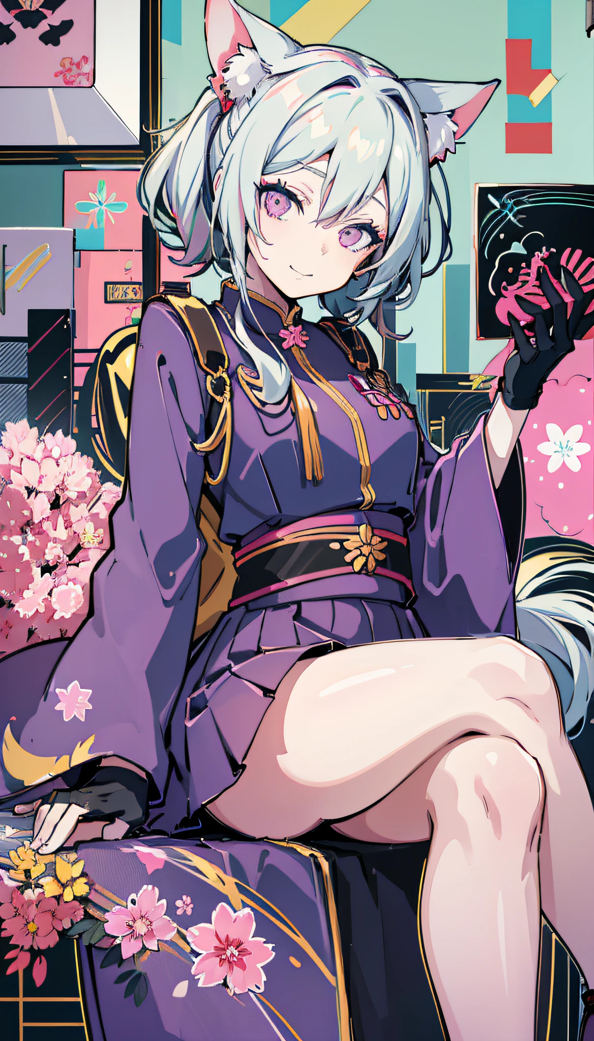 Colorful hair and colorful dress in anime ((cat-eared 1girl)), kimono pastel vivid, rossdraws cartoon vivid, anime style 4k, beautiful anime portrait, artgerm colorful!!!、! dream art germ, beautiful anime, cat ear 1girl, anime style digital art, anime art wallpaper 4k, anime art wallpaper 4k, digital anime art, highly detailed art germ, commander uniform, full body, sitting in her office, white hair, front view, smirking