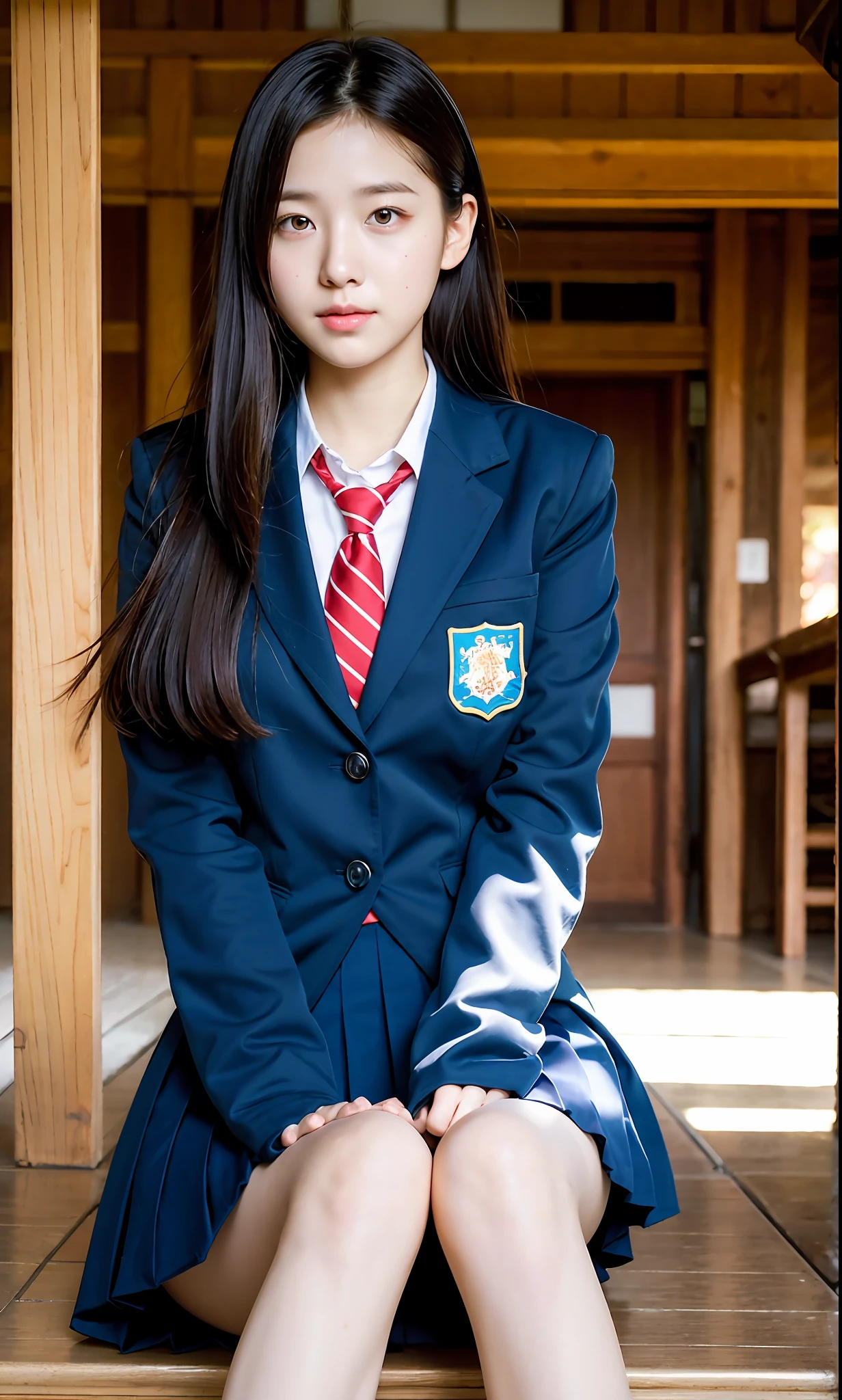 ulzzang-6500-v1.1, (Raw photo:1.2), (Photorealistic:1.4), Beautiful detailed girl, Very detailed eyes and face, Beautiful detailed eyes, Ridiculous, Incredibly ridiculous, Huge file size, Ultra detailed, High Definition, Very detailed, Best quality, Masterpiece, Kemomimi, ((Japan Girls' High School Uniform)), Illustration, Very detailed, CG, Unification, 8k wallpaper, fantastic, fine detail, masterpiece, best quality, highly detailed cg uniform 8k wallpaper, light on face, movie lighting, girl, (dynamic pose))), (sitting legs bending at the knees)), cute, short skirt, cute schoolgirl, Japan schoolgirl wearing uniform, surreal schoolgirl, empty-handed, 1 girl, holding a skirt, skirt flipping