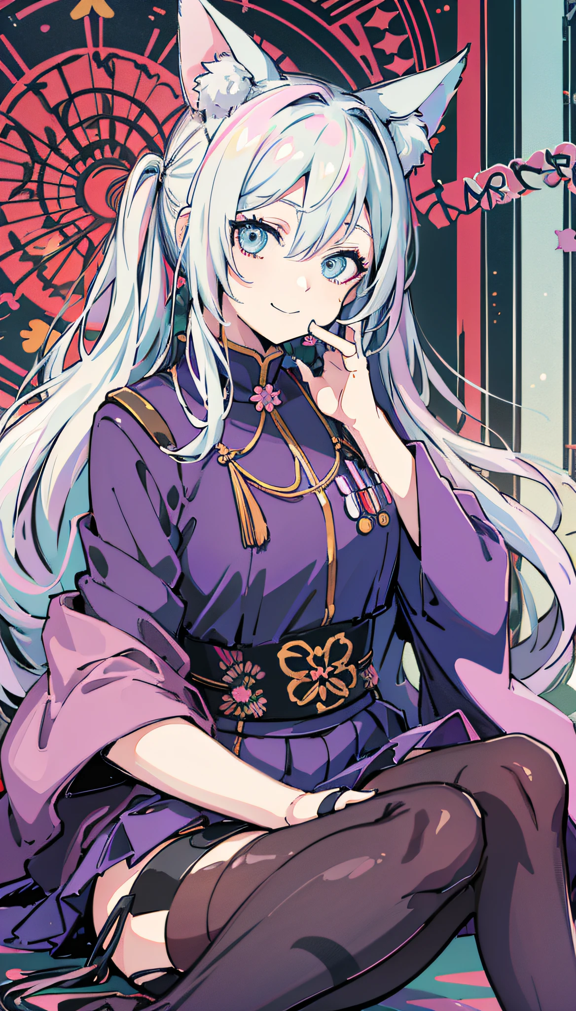 Colorful hair and colorful dress in anime ((cat-eared 1girl)), kimono pastel vivid, rossdraws cartoon vivid, anime style 4k, beautiful anime portrait, artgerm colorful!!!、! dream art germ, beautiful anime, cat ear 1girl, anime style digital art, anime art wallpaper 4k, anime art wallpaper 4k, digital anime art, highly detailed art germ, commander uniform, full body, sitting in her office, white hair, front view, smirking