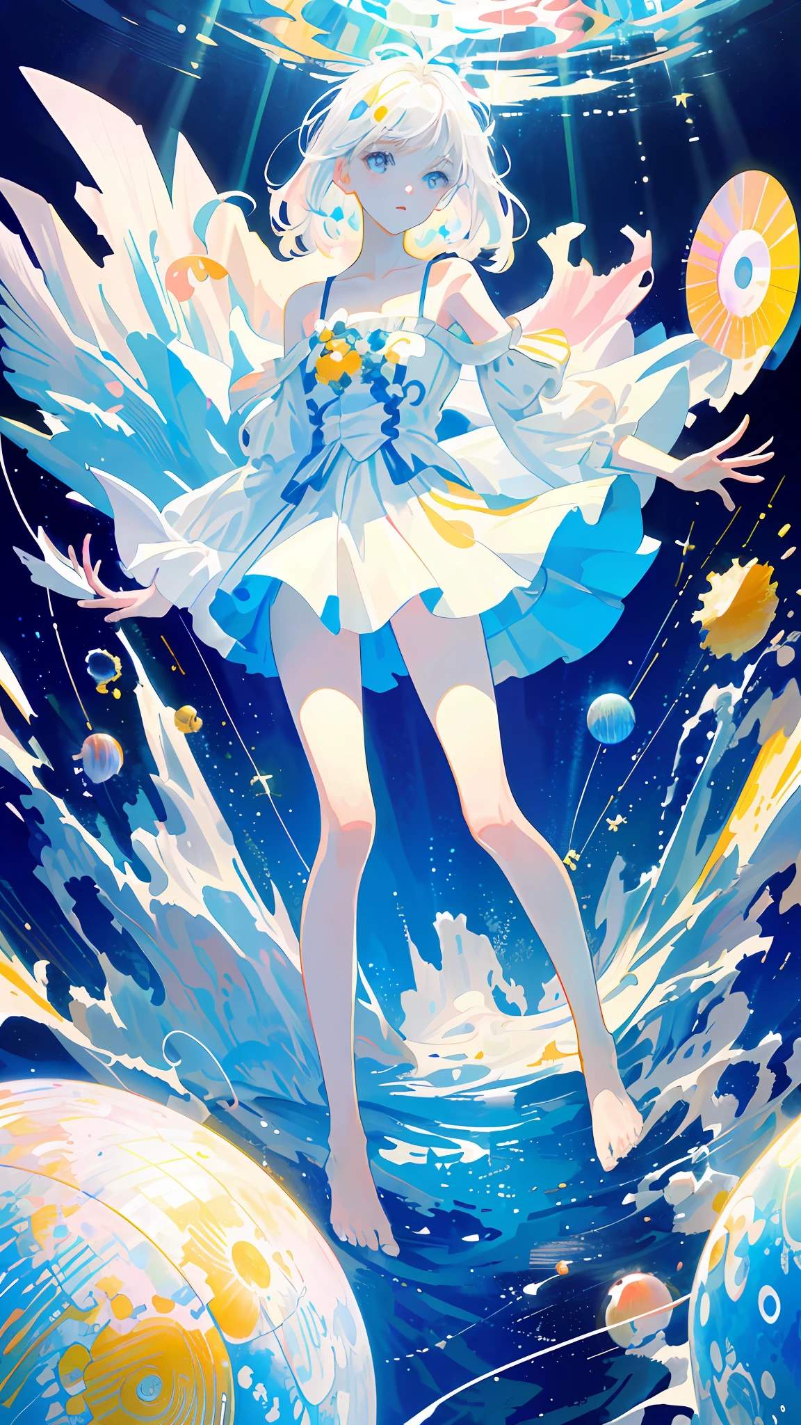 (Masterpiece, Best Quality: 1.2), (Super Detailed), (Illustration), Wallpaper, Original, 1girl, Messy White Hair, Thin Shoulder Straps, White Skirt, Bare Legs, Barefoot, Bare Arms, Space, Earth Background, Near-Earth Orbit, Full Body, (Surrounded by Colored Splashes and Dots), Colored Bubbles, (Shiny)