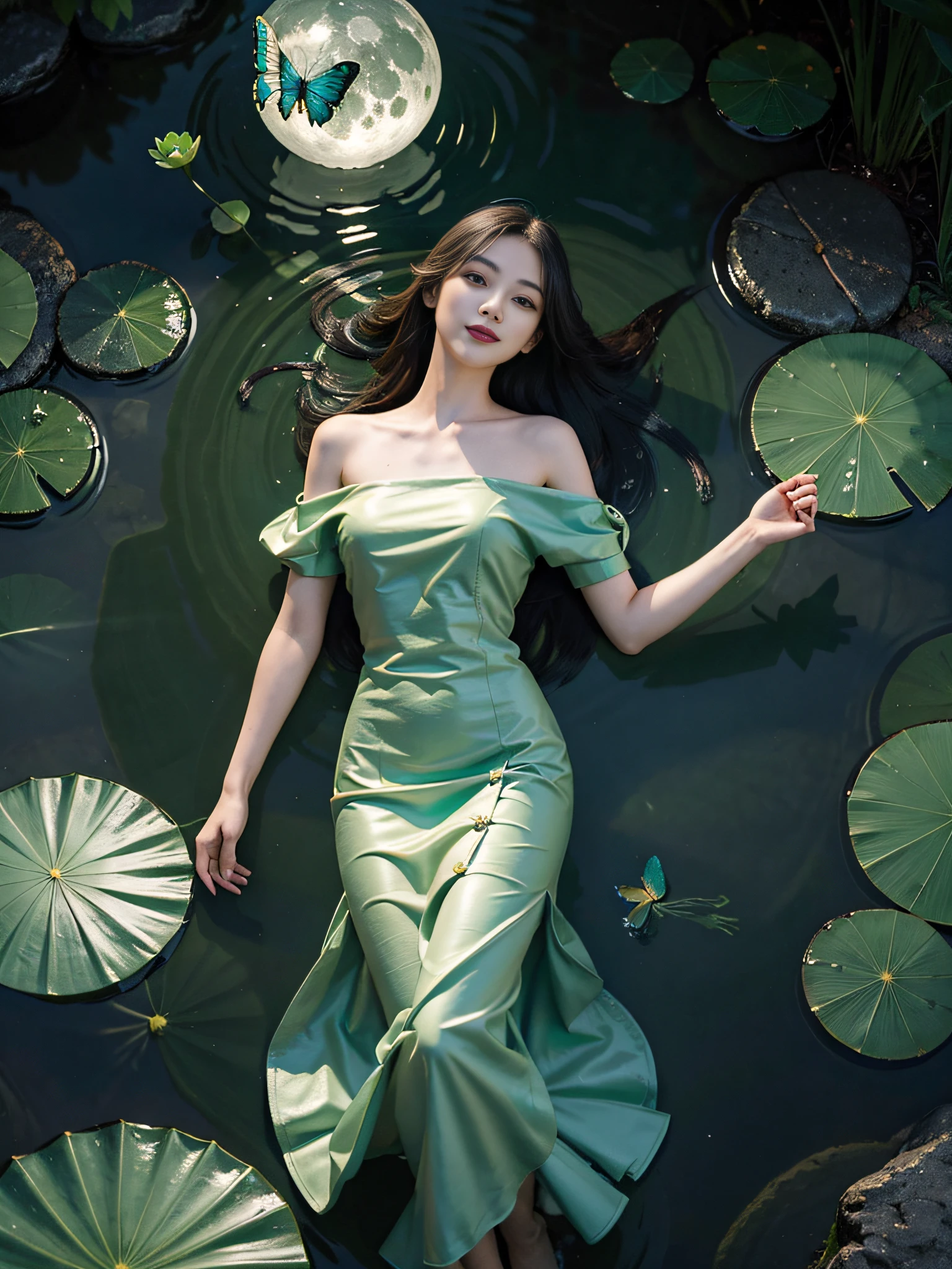 1girl,(light smile:1.3),(green dress),(lotus pond),(lily pads),(lotus flowers:1.3),(butterfly:1.4), (paper fan), (floating leaves),(wind), (lying), (transparent water:1.1),(moonlight:1.3),(peaceful atmosphere:1.4), (wide shot),(from above),(green theme:1.2), She lying in the center of the lotus pond, smile, smirk, glint, red lips, The girl wearing a beautiful Hanfu, perfectly matched with the surrounding scenery. The beautiful night, the moonlight reflected in the water, creating a calm atmosphere. From above, the viewer can see the lily pads and lotus flowers that surround her, there are mysterious light under water illuminating the fish swimming elegantly around her. Many blue butterflies dancing around the girl, The green theme dominates the scene, with shades of emerald and jade that highlight the natural beauty of the pond. The rippling water and moonlight add to the tranquil mood, making it the perfect spot for relaxation and reflection.