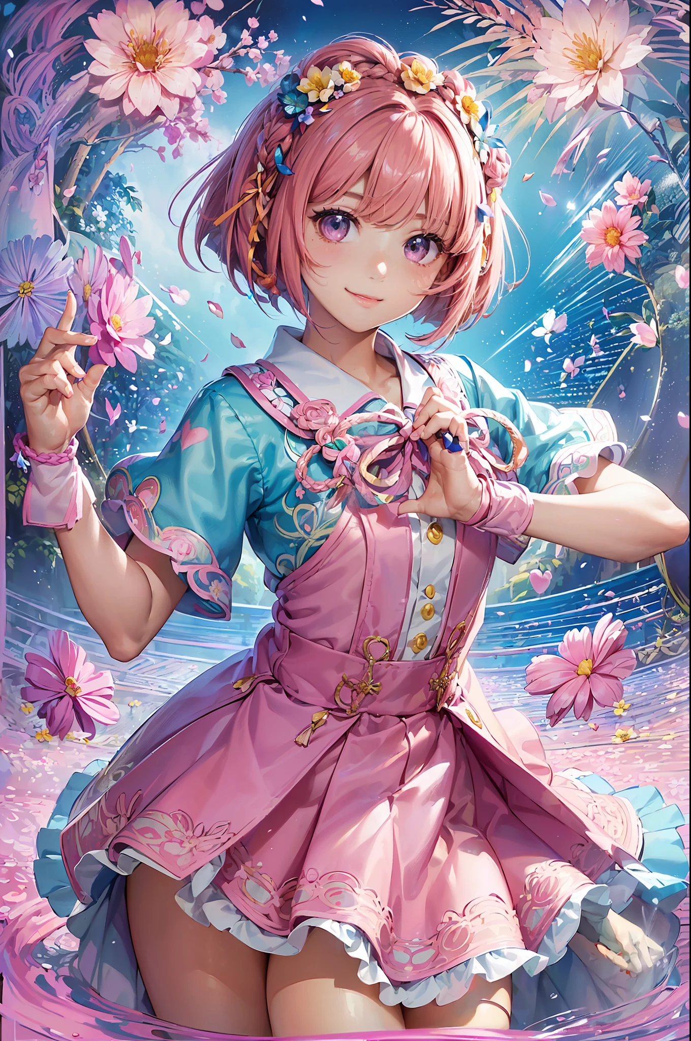 High resolution, ultra-detailed, ((((2D))), Japan person, 1 girl, 16-year-old high school girl, (((pink hair)), intricate and beautiful braided hairstyle, pink school uniform, uniform by designer, short sleeves, pink skirt, ((((bob hair)))), dull bangs, finely detailed eyes, golden ratio face, 8 lifesels, sunlight, complex iridescent light grains, complex light reflection, beautiful petal shower, Background blue sky, transparency, hidden beauty, smile, depiction with depth, full body, full of energy, looking at the viewer, fantastic depiction, complex attraction, tenderness overflowing from within, neon, (beautiful fine petals or dancing: 1.4), skin less exposed, dynamism, (carefully drawn hands, fingers: 1.3), many flowers drawn, soft skin, heart ribbon, ( Maximalism:1.4)