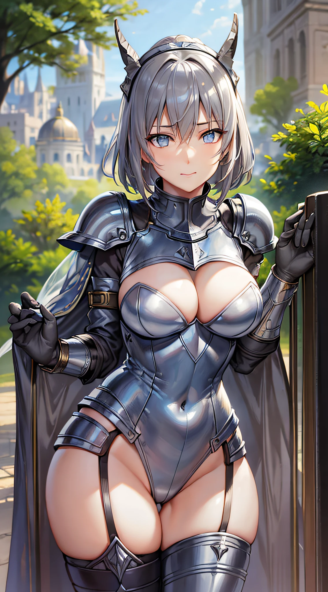(masterpiece:1.2), best quality, absurdres, high detail, sharp focus, highly detailed face and eyes, (photorealistic:1.2), (full body shot:0.5), sister, mature female, charming face, (grey hair:1.2), short hair, hair accessories, shy, well drawn hands, armored, (metal thigh high:1.4), wearing War_Glam, War_Glam, helmet, (dark gold|blue outfit armor:1.2), sexy pose, seduction, paladin, knight, valkyrie, captain, fantasy, summer lights, god rays, ancient city, castle, palace, garden, decorations, outdoor, daylight, standing, random angle,