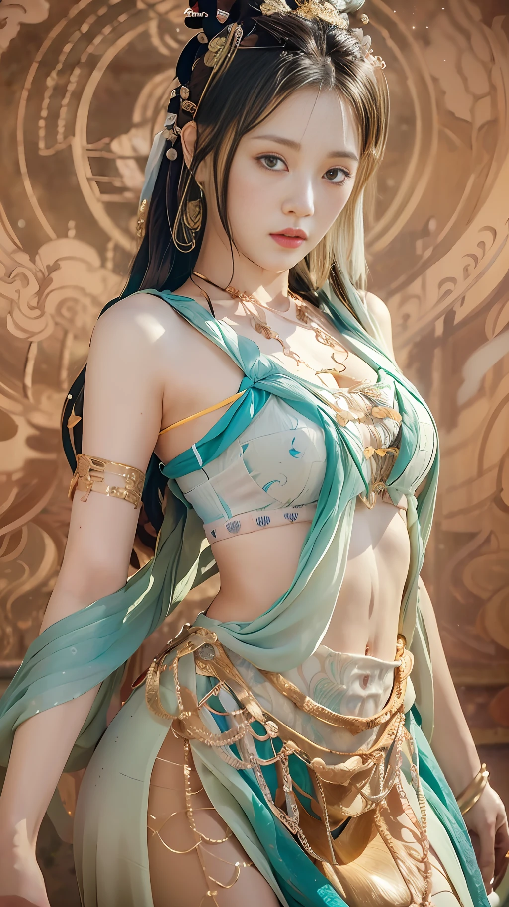 (8k, RAW photo, best quality, masterpiece:1.2), (realistic, photo-realistic:1.4), (extremely detailed CG unity 8k wallpaper), 1 girl solo, (from below:1.2), dance, dunhuang_dress, dunhuang_style, dunhuang_background,