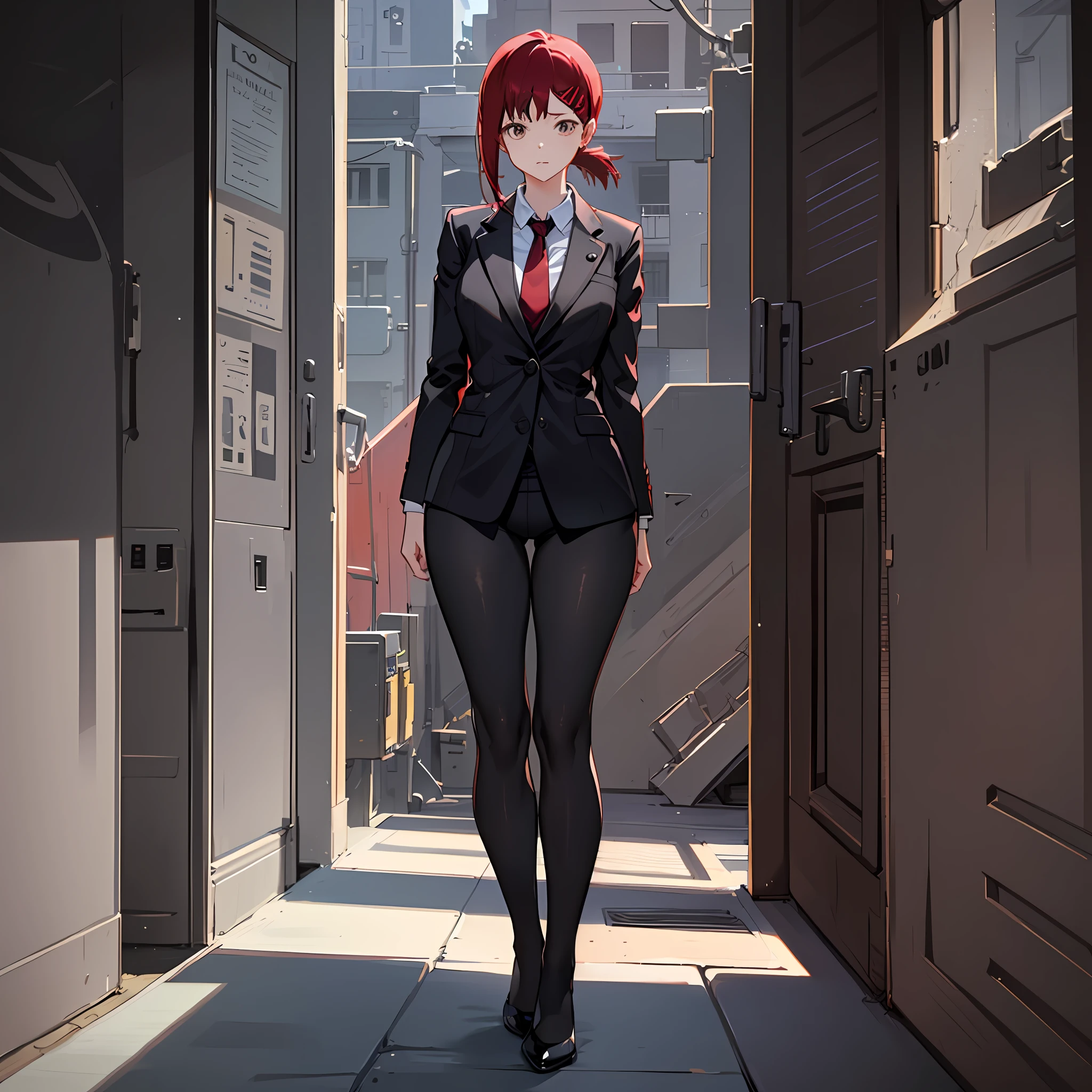 (cute, black suit), (girl, red hairpin, thick long legs)